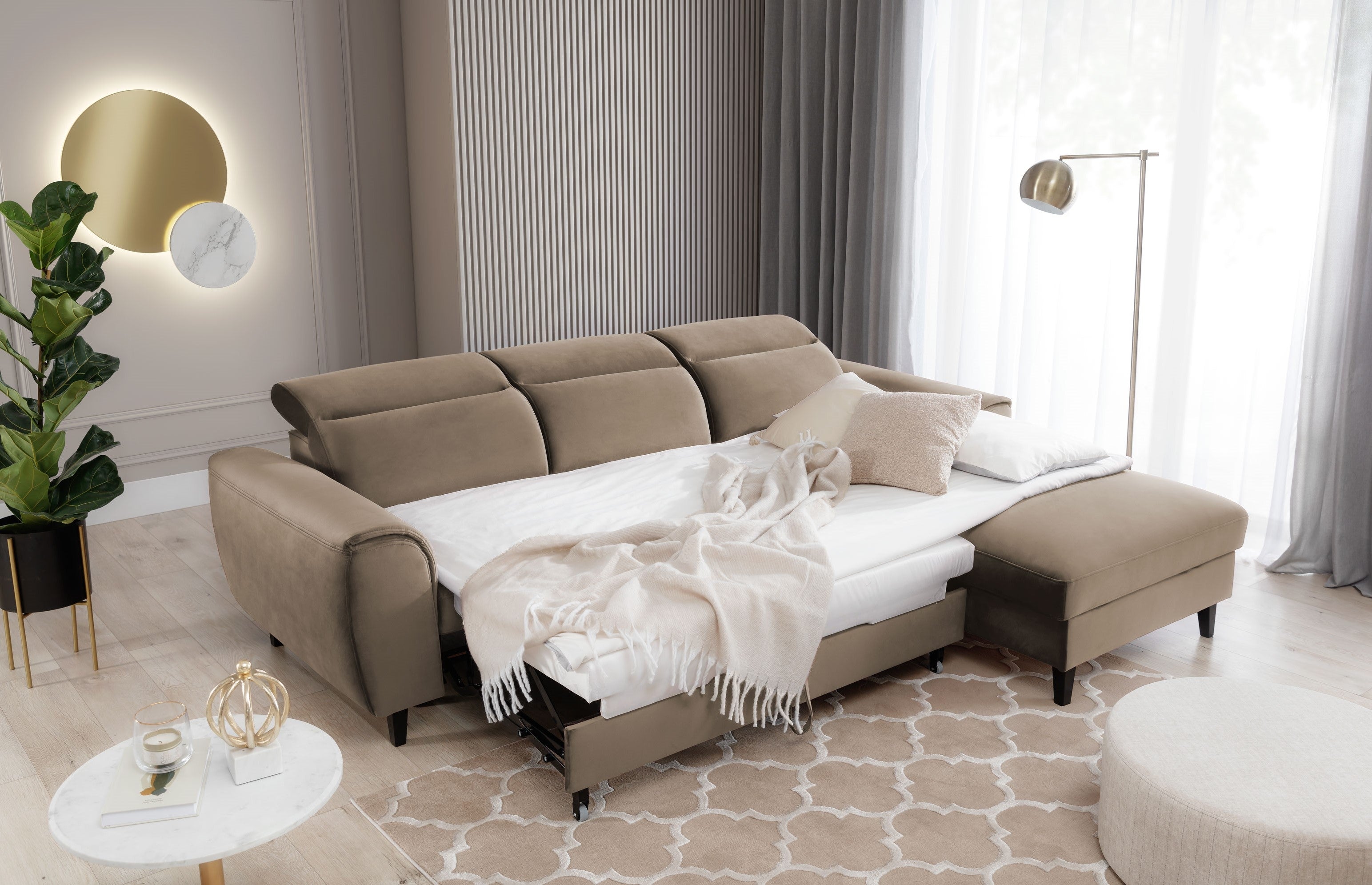 Coltar Extensibil Fobleros Plus Maro Deschis cu Lada de Depozitare, Sezlong pe Dreapta, Tetiere Reglabile, l267xA196xH83-100 cm (2)