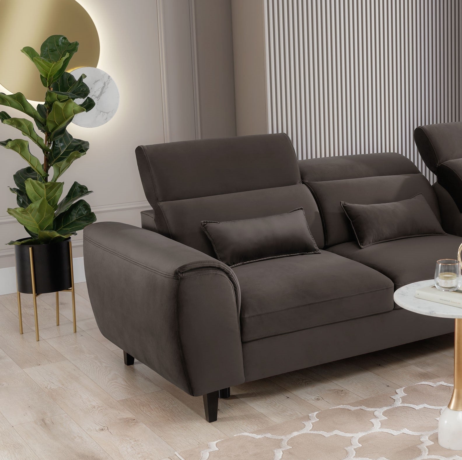 Coltar Extensibil Fobleros Plus Velvet Maro Inchis cu Lada de Depozitare, Sezlong pe Dreapta, Tetiere Reglabile, l267xA196xH83-100 cm (4)