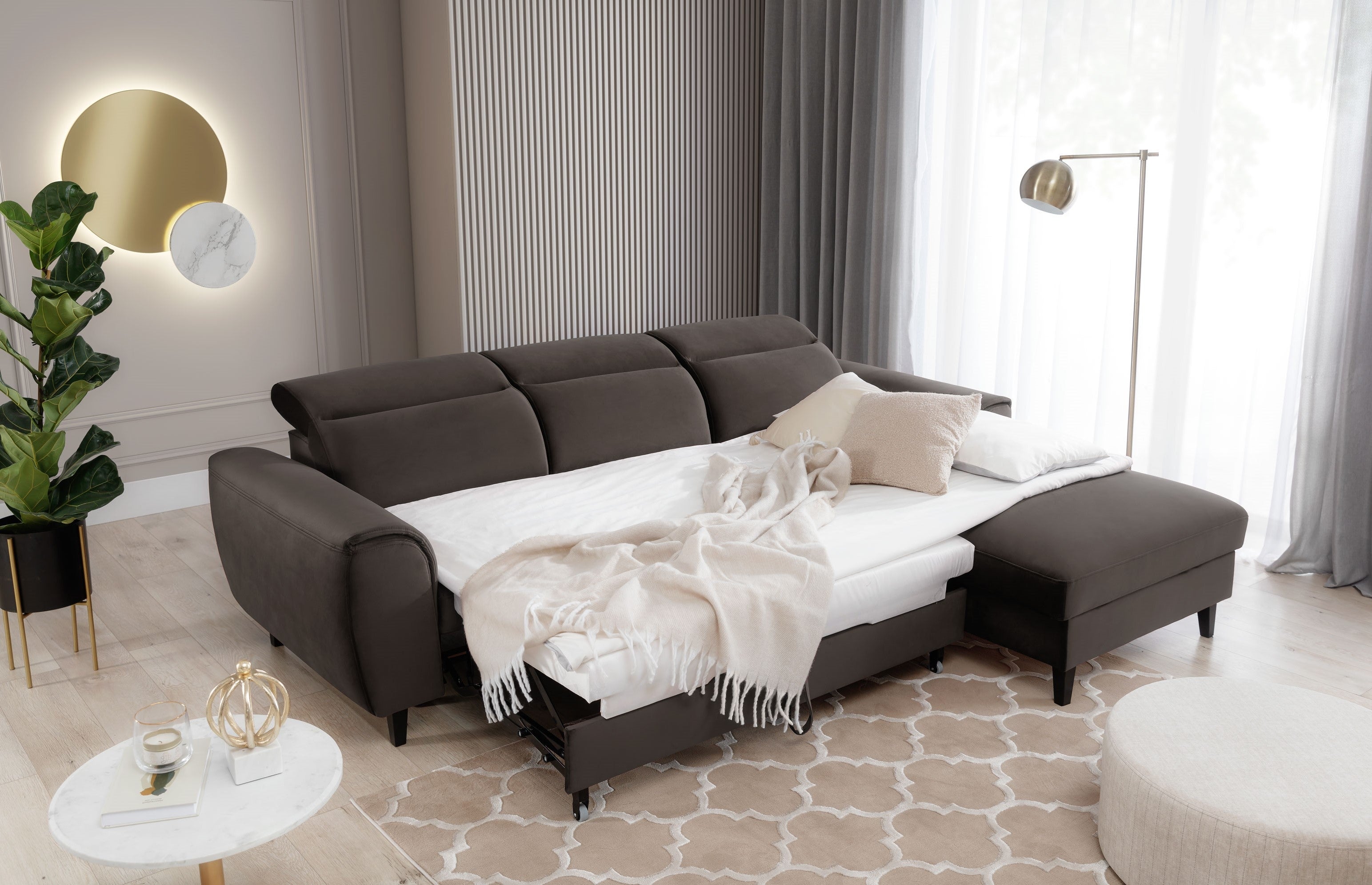 Coltar Extensibil Fobleros Plus Velvet Maro Inchis cu Lada de Depozitare, Sezlong pe Dreapta, Tetiere Reglabile, l267xA196xH83-100 cm (2)