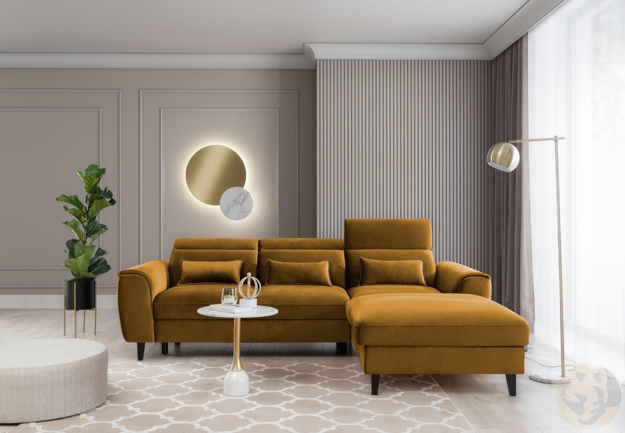 Coltar Extensibil Fobleros Plus Mustariu cu Lada de Depozitare, Sezlong pe Dreapta, Tetiere Reglabile, l267xA196xH83-100 cm (3)