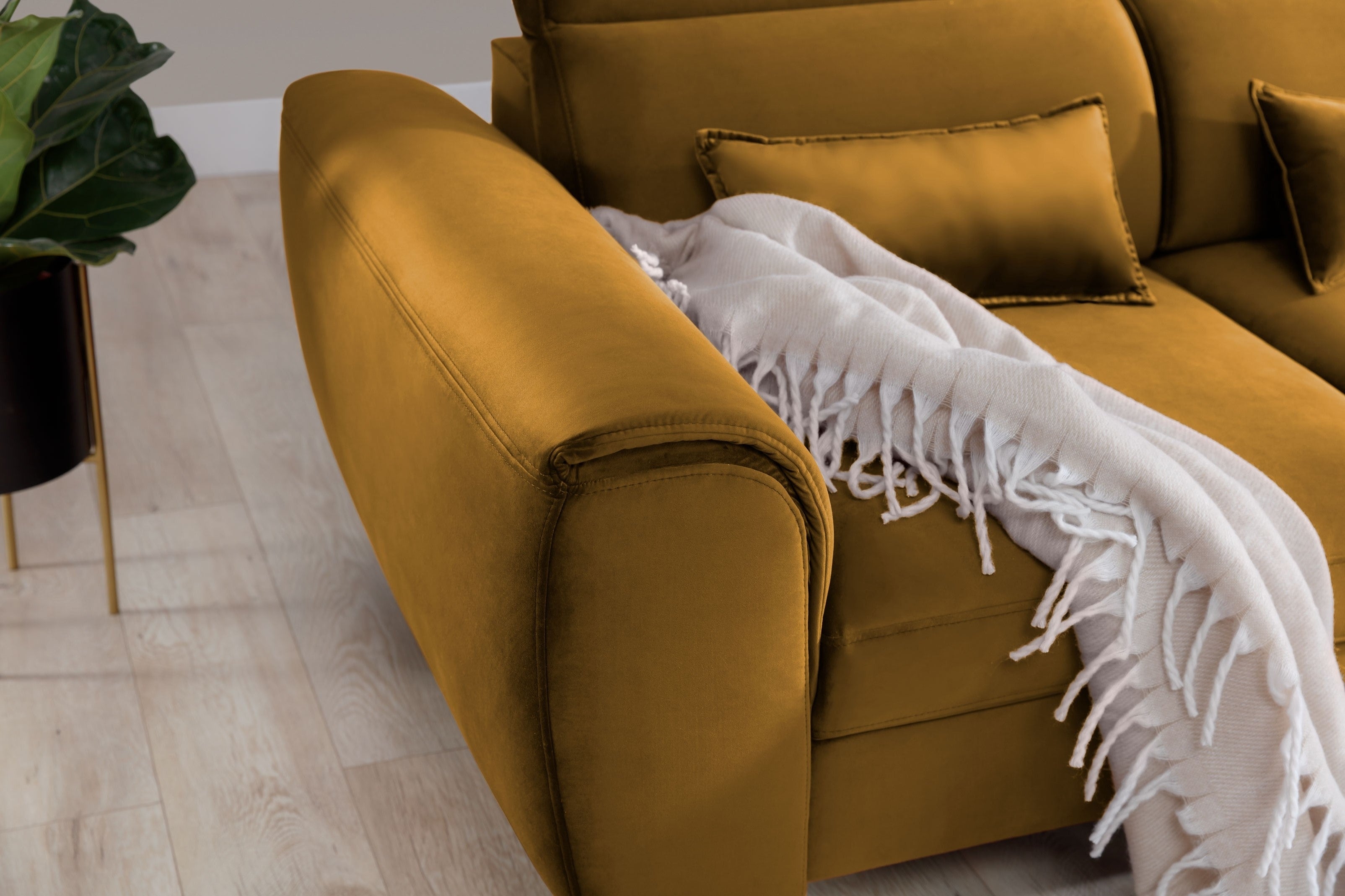 Coltar Extensibil Fobleros Plus Mustariu cu Lada de Depozitare, Sezlong pe Dreapta, Tetiere Reglabile, l267xA196xH83-100 cm (5)