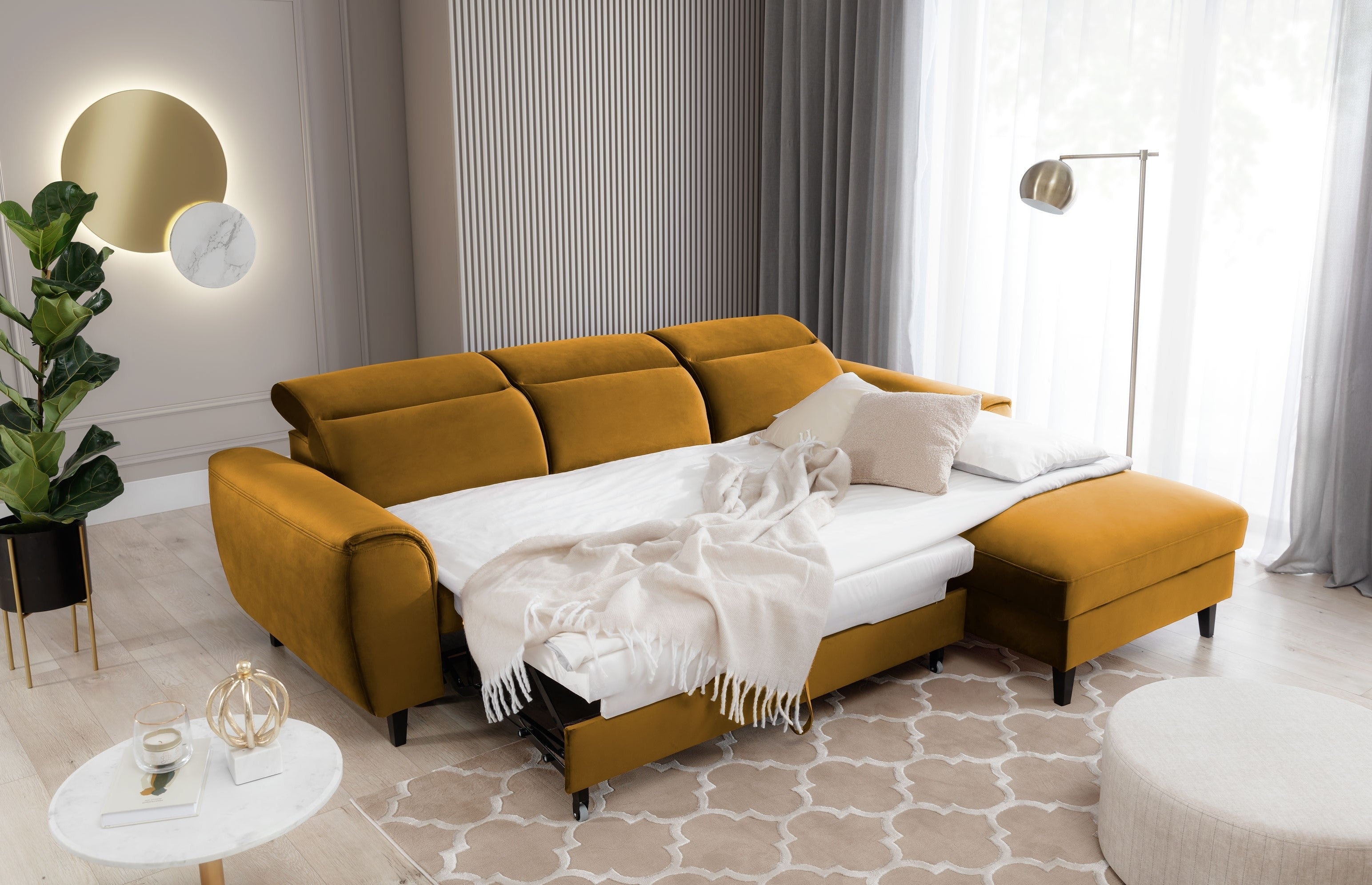 Coltar Extensibil Fobleros Plus Mustariu cu Lada de Depozitare, Sezlong pe Dreapta, Tetiere Reglabile, l267xA196xH83-100 cm (2)