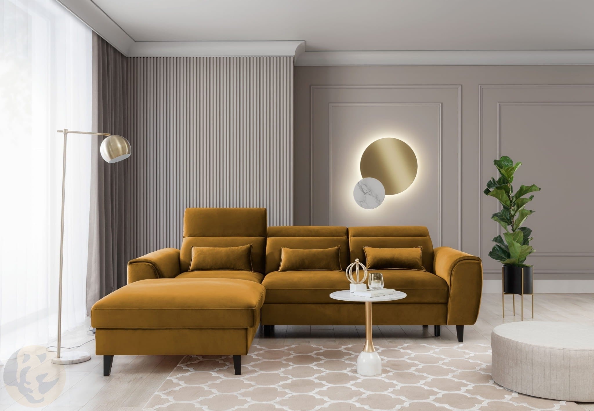 Coltar Extensibil Fobleros Plus Mustariu cu Lada de Depozitare, Sezlong pe Stanga, Tetiere Reglabile, l267xA196xH83-100 cm (6)