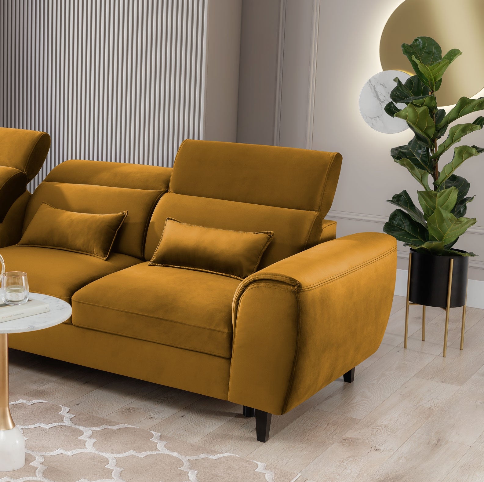 Coltar Extensibil Fobleros Plus Mustariu cu Lada de Depozitare, Sezlong pe Stanga, Tetiere Reglabile, l267xA196xH83-100 cm (3)