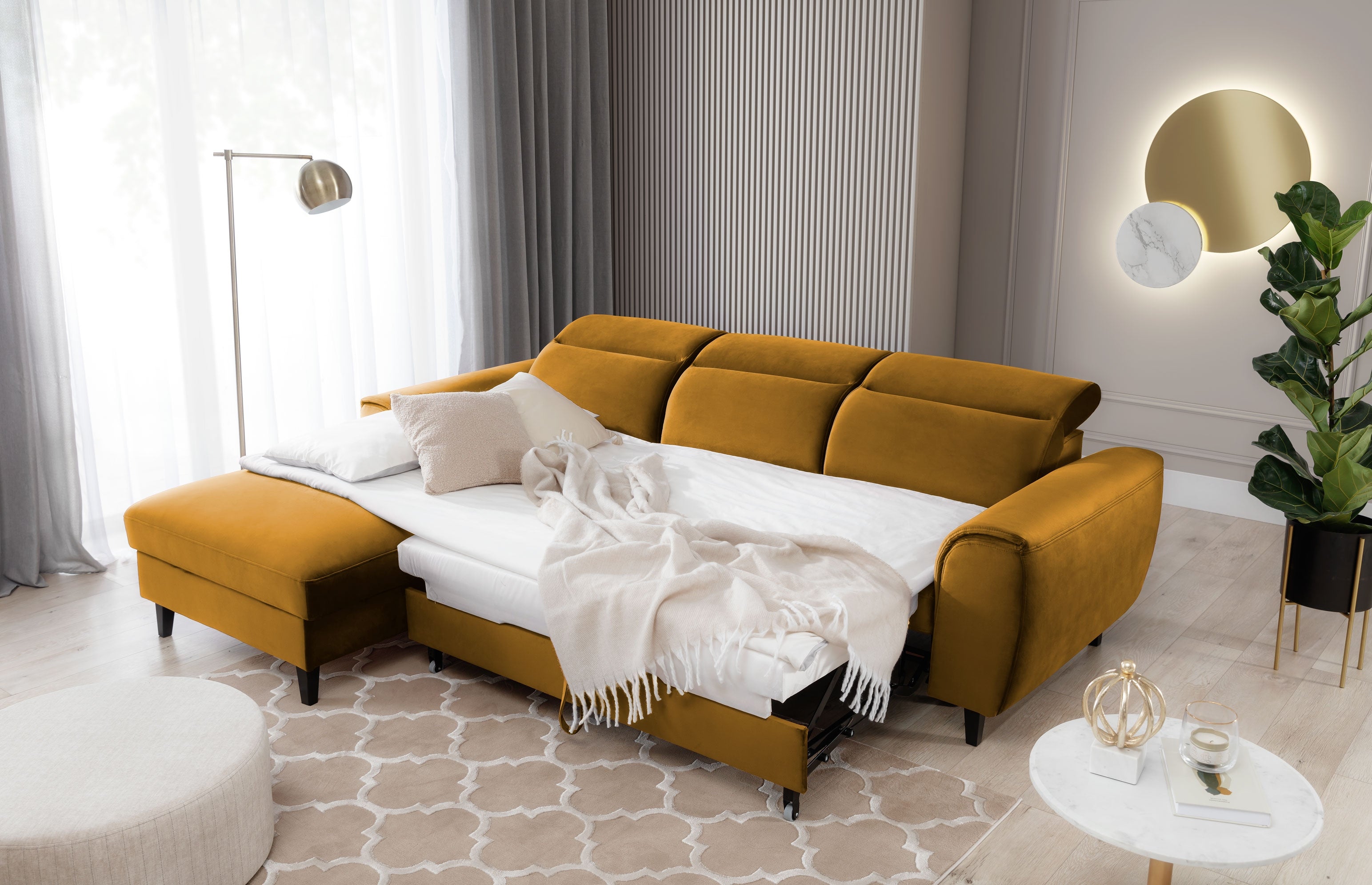 Coltar Extensibil Fobleros Plus Mustariu cu Lada de Depozitare, Sezlong pe Stanga, Tetiere Reglabile, l267xA196xH83-100 cm (2)