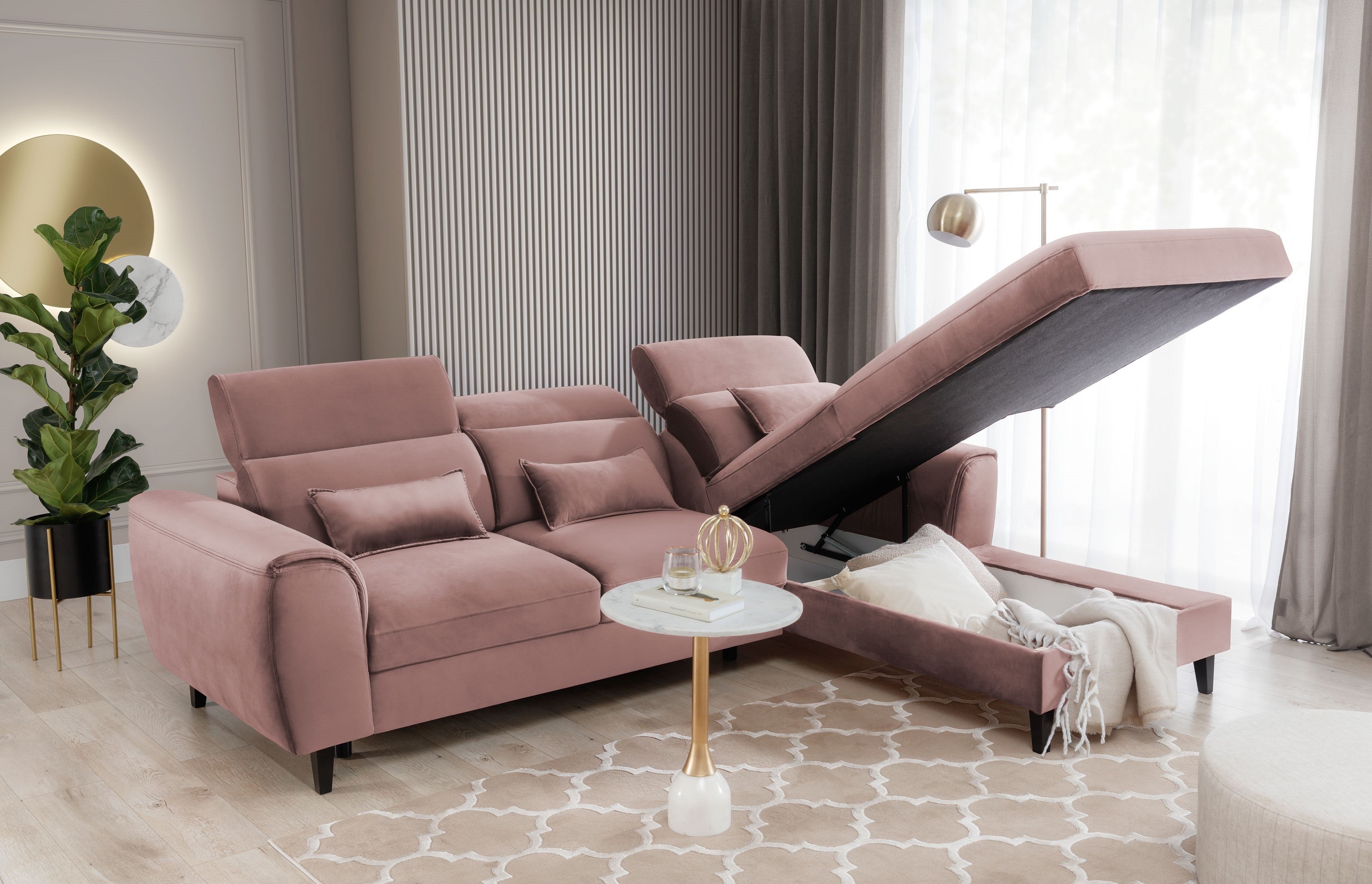 Coltar Extensibil Fobleros Plus Roz Inchis cu Lada de Depozitare, Sezlong pe Dreapta, Tetiere Reglabile, l267xA196xH83-100 cm (1)