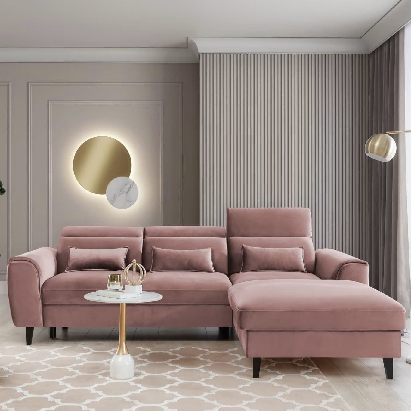 Coltar Extensibil Fobleros Plus Roz Inchis cu Lada de Depozitare, Sezlong pe Dreapta, Tetiere Reglabile, l267xA196xH83-100 cm (3)