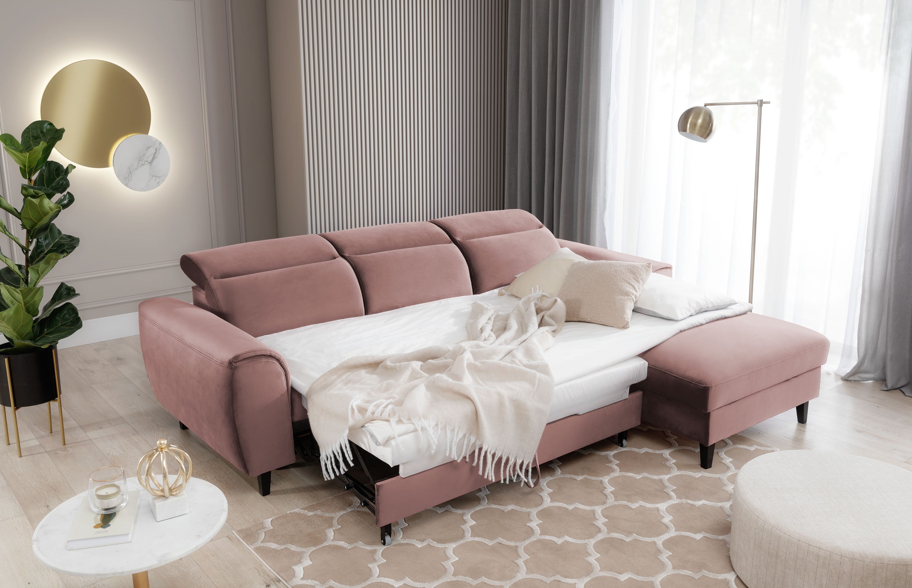 Coltar Extensibil Fobleros Plus Roz Inchis cu Lada de Depozitare, Sezlong pe Dreapta, Tetiere Reglabile, l267xA196xH83-100 cm (2)