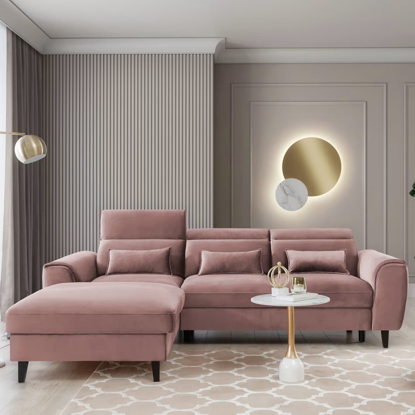 Coltar Extensibil Fobleros Plus Roz Inchis cu Lada de Depozitare, Sezlong pe Stanga, Tetiere Reglabile, l267xA196xH83-100 cm (3)