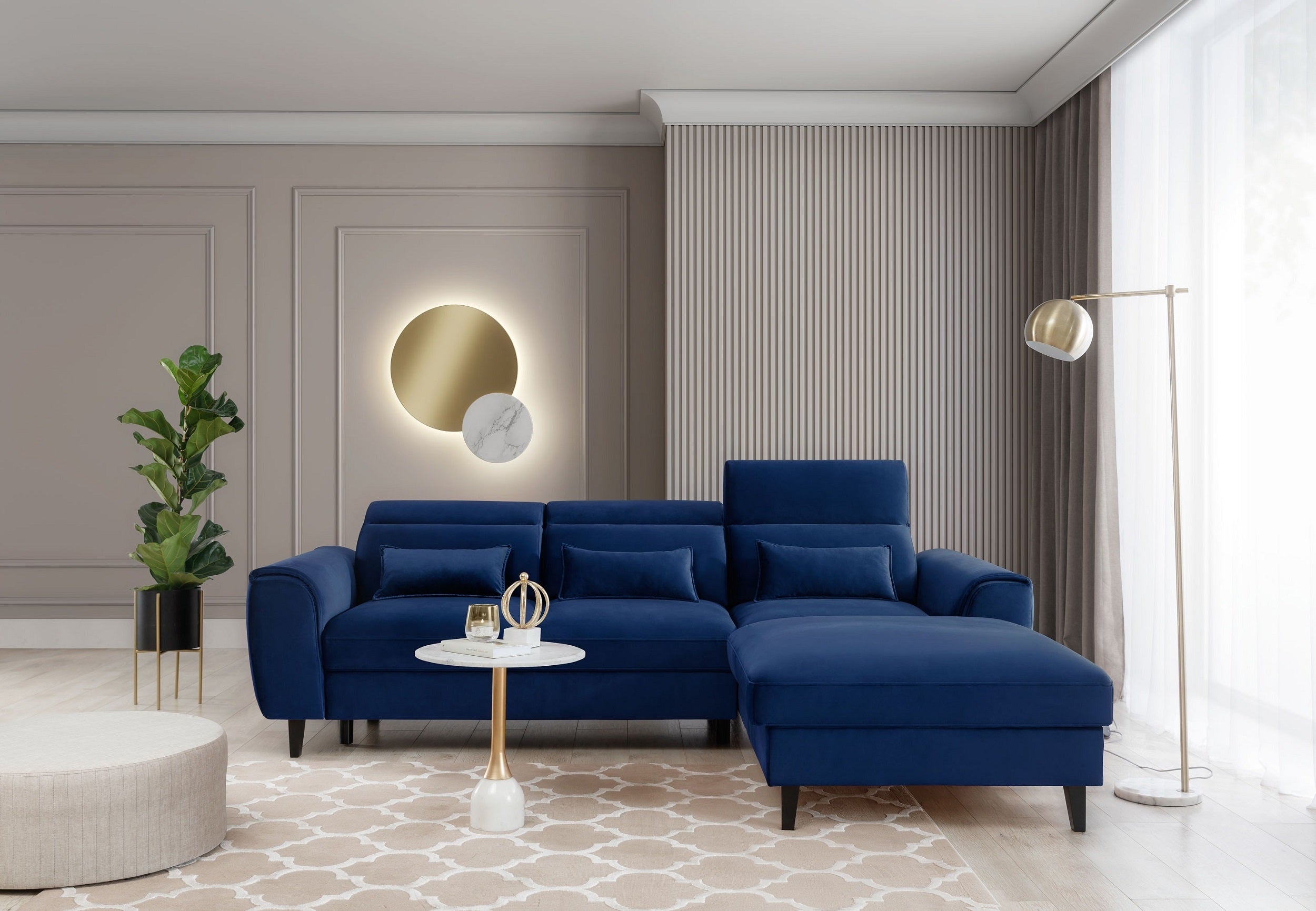 Coltar Extensibil Fobleros Plus Velvet Bleumarin cu Lada de Depozitare, Sezlong pe Dreapta, Tetiere Reglabile, l267xA196xH83-100 cm (3)