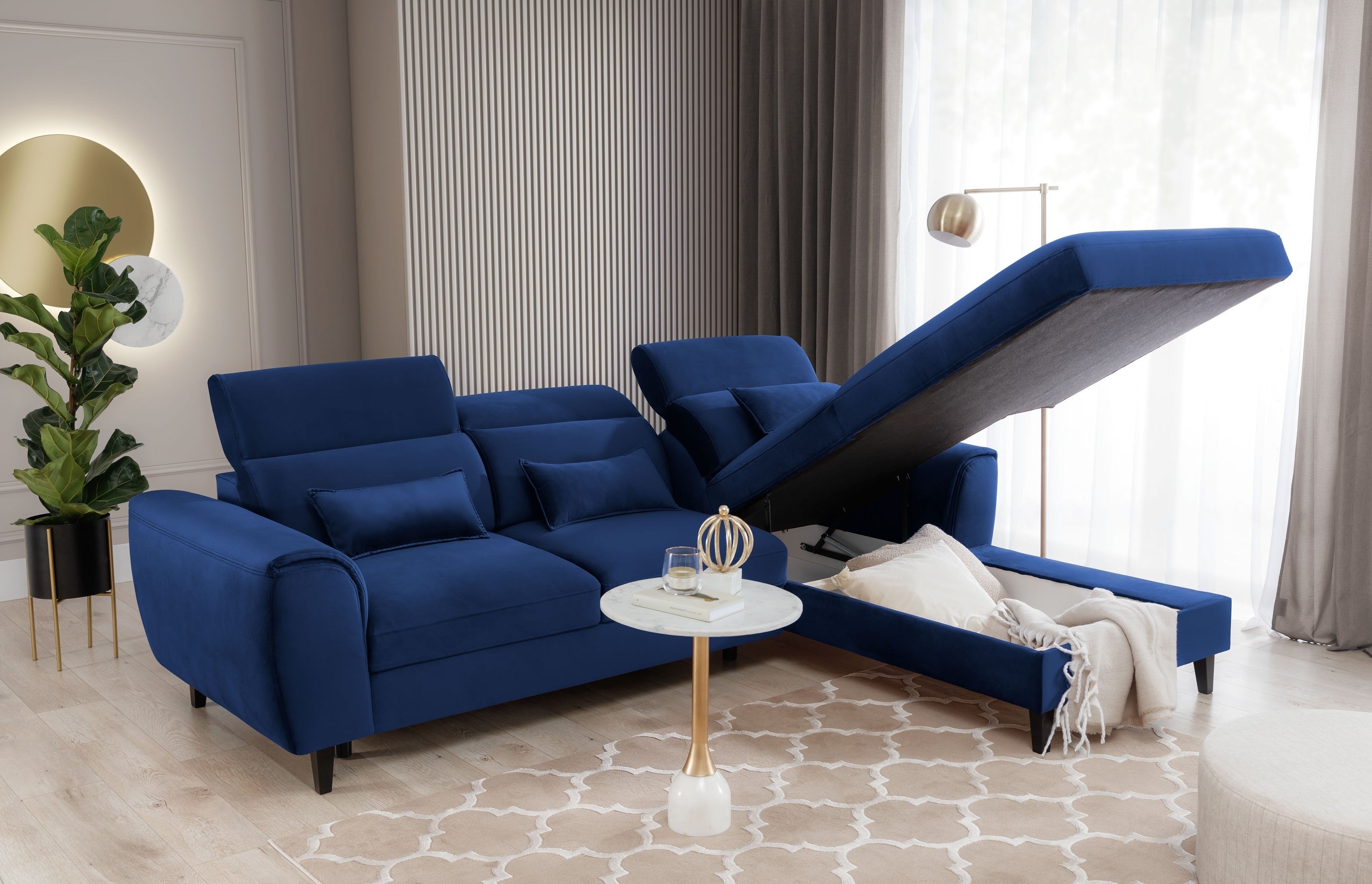 Coltar Extensibil Fobleros Plus Velvet Bleumarin cu Lada de Depozitare, Sezlong pe Dreapta, Tetiere Reglabile, l267xA196xH83-100 cm (1)