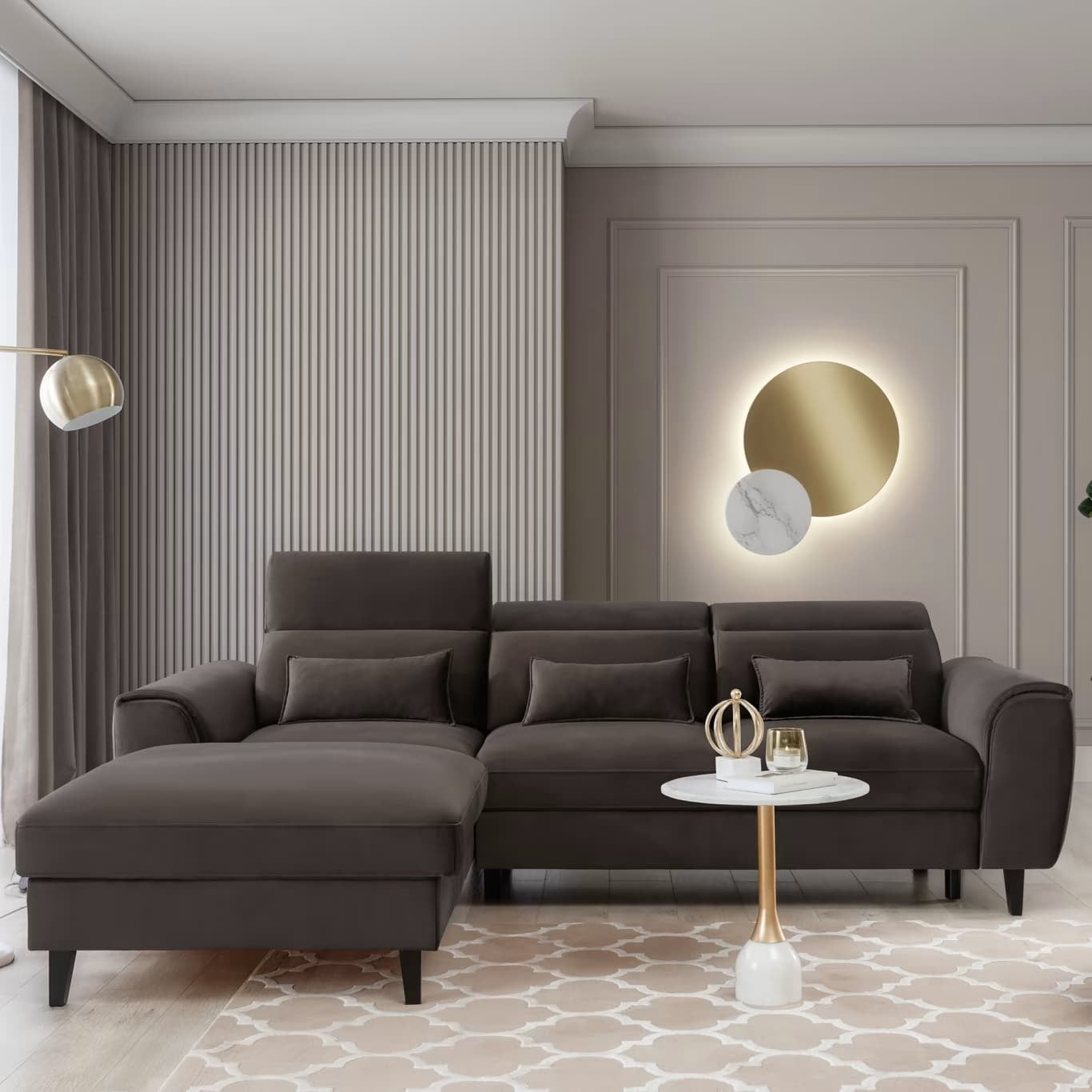 Coltar Extensibil Fobleros Plus Velvet Maro Inchis cu Lada de Depozitare, Sezlong pe Stanga, Tetiere Reglabile, l267xA196xH83-100 cm (3)