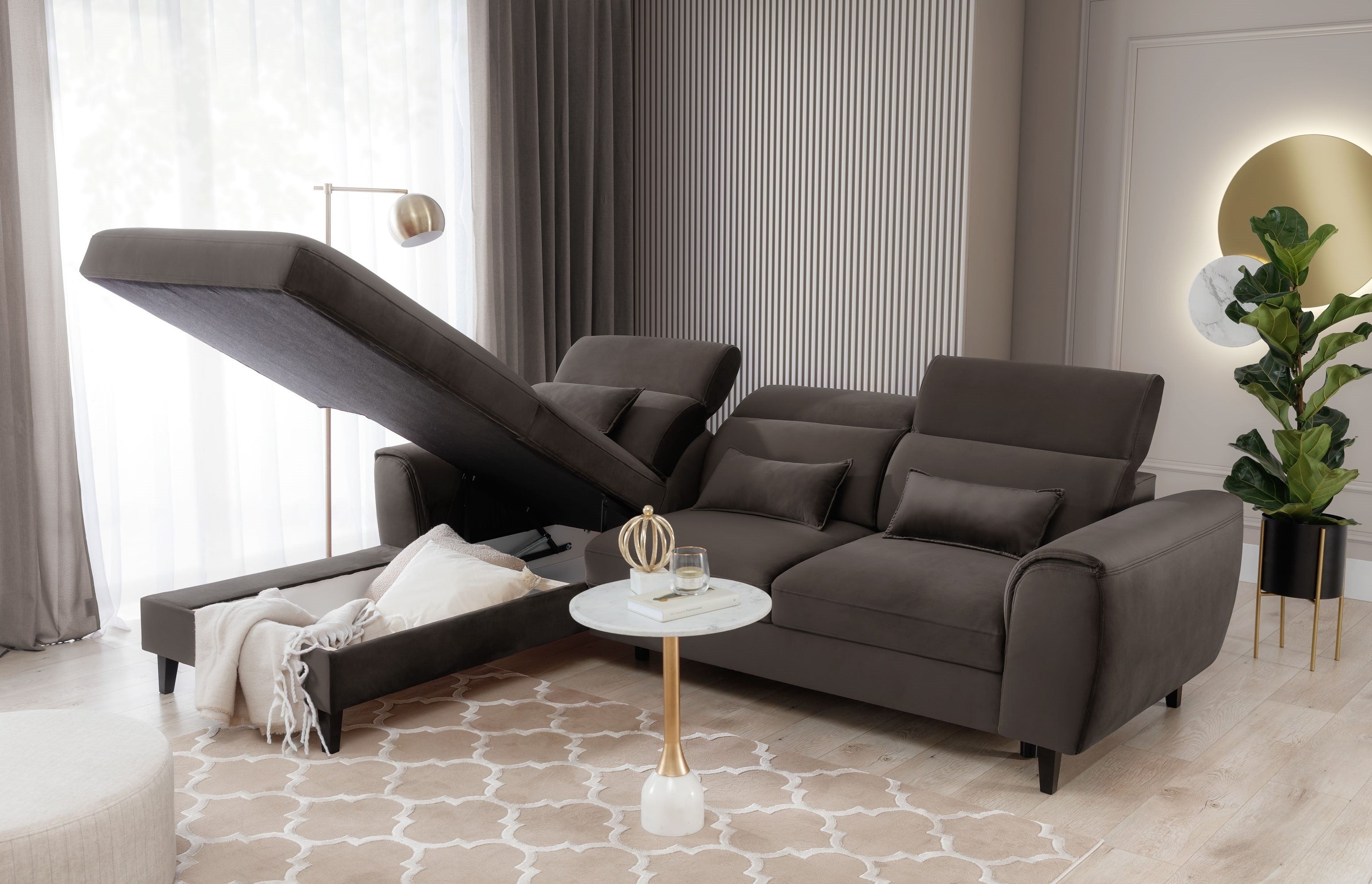 Coltar Extensibil Fobleros Plus Velvet Maro Inchis cu Lada de Depozitare, Sezlong pe Stanga, Tetiere Reglabile, l267xA196xH83-100 cm (1)