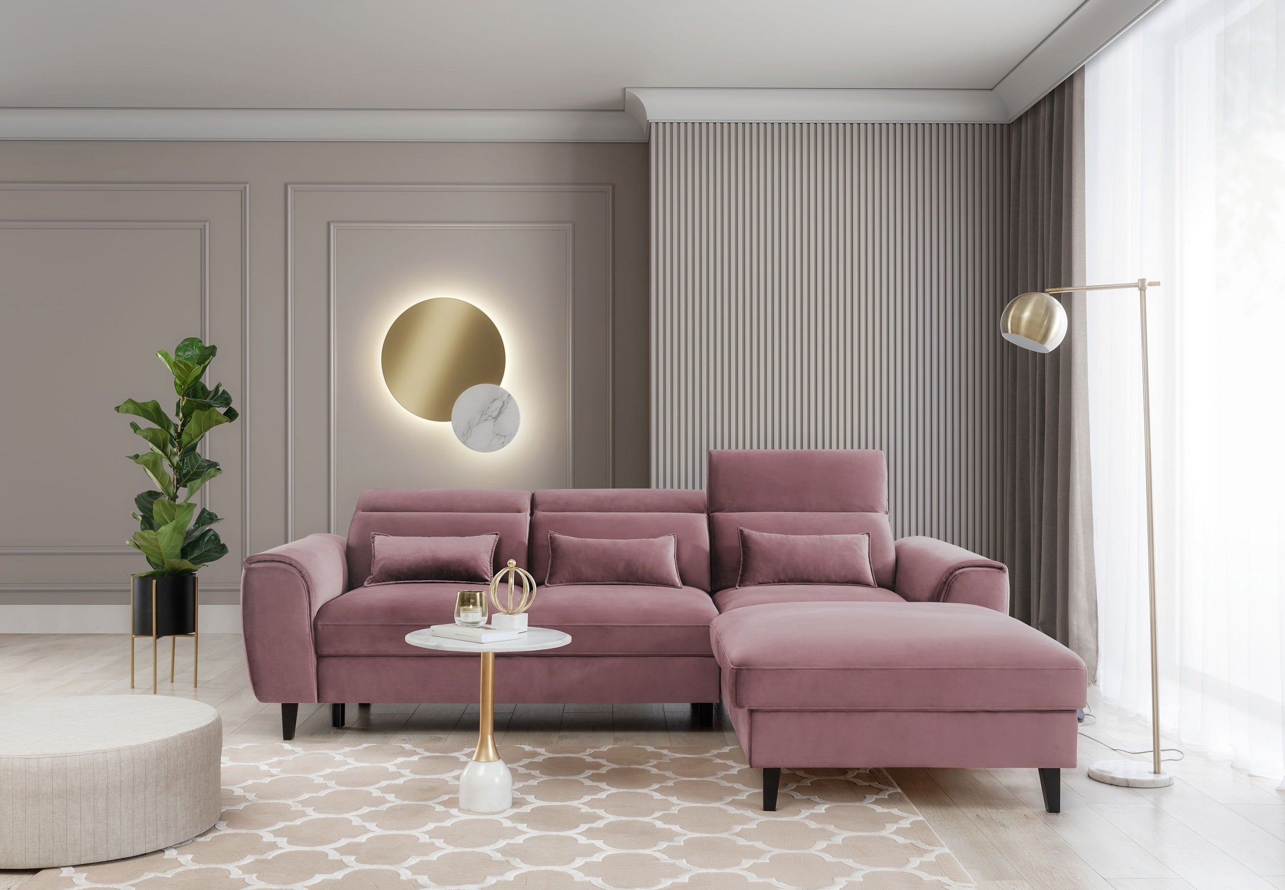 Coltar Extensibil Fobleros Plus Velvet Roz, cu Lada de Depozitare, Sezlong pe Dreapta, Tetiere Reglabile, l267xA196xH83-100 cm (3)