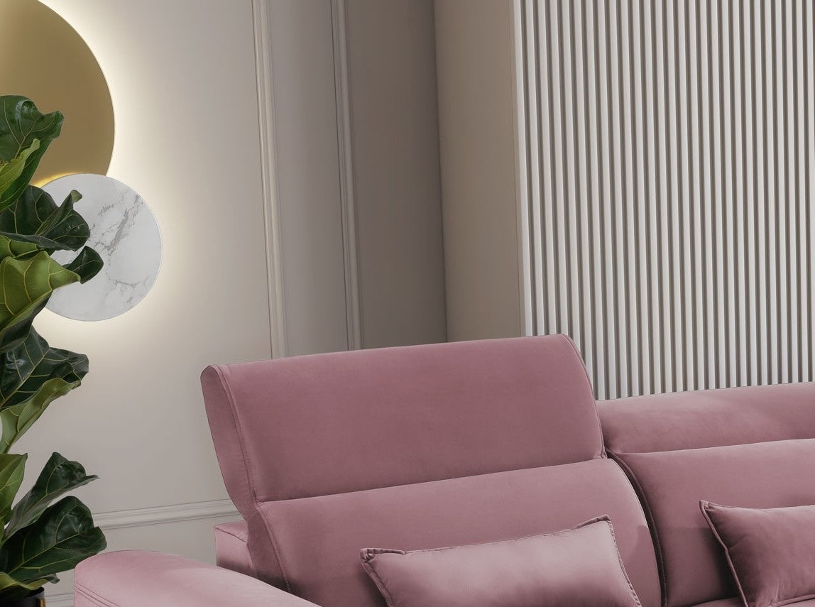 Coltar Extensibil Fobleros Plus Velvet Roz, cu Lada de Depozitare, Sezlong pe Dreapta, Tetiere Reglabile, l267xA196xH83-100 cm (5)