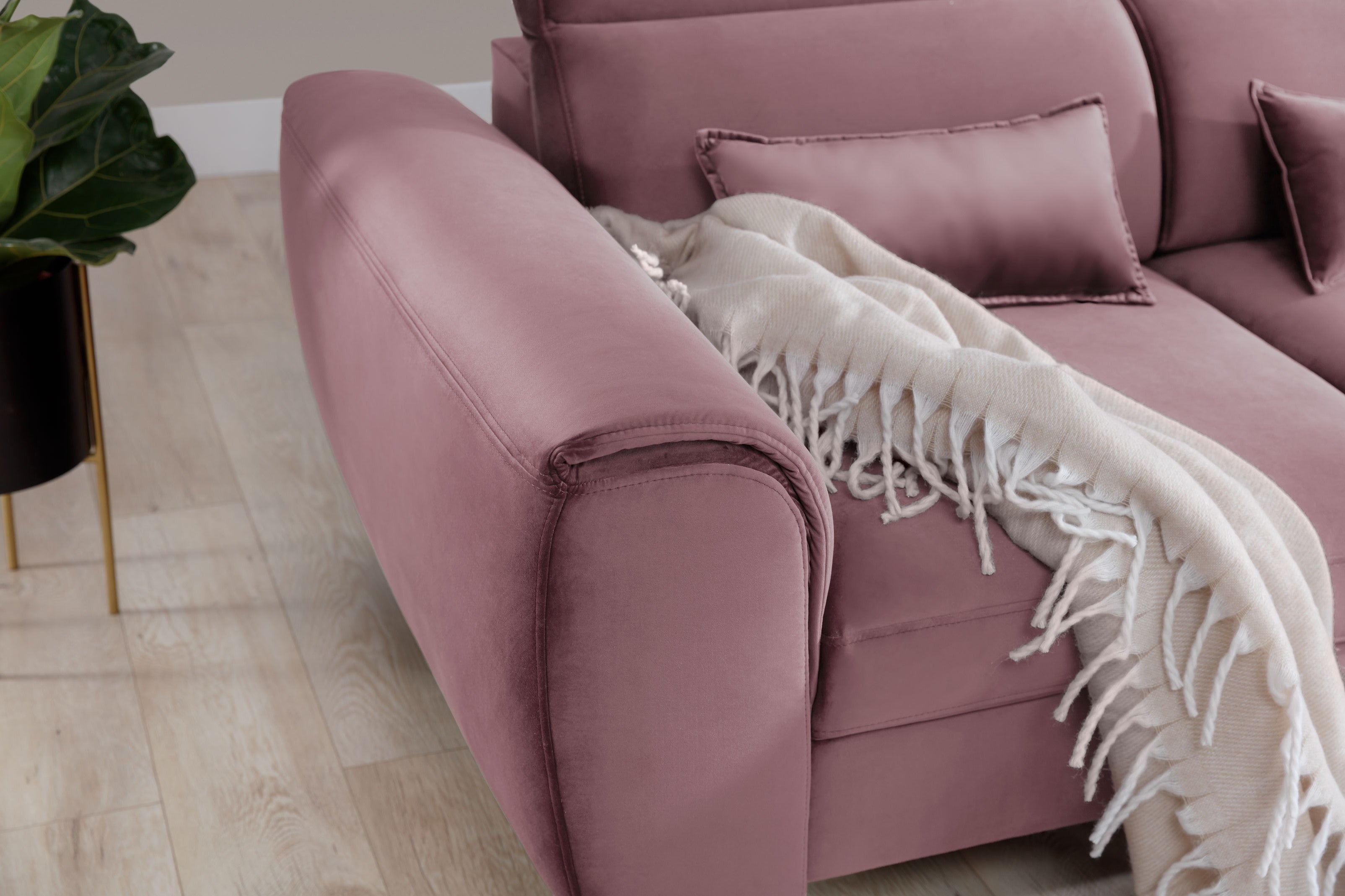 Coltar Extensibil Fobleros Plus Velvet Roz, cu Lada de Depozitare, Sezlong pe Dreapta, Tetiere Reglabile, l267xA196xH83-100 cm (6)