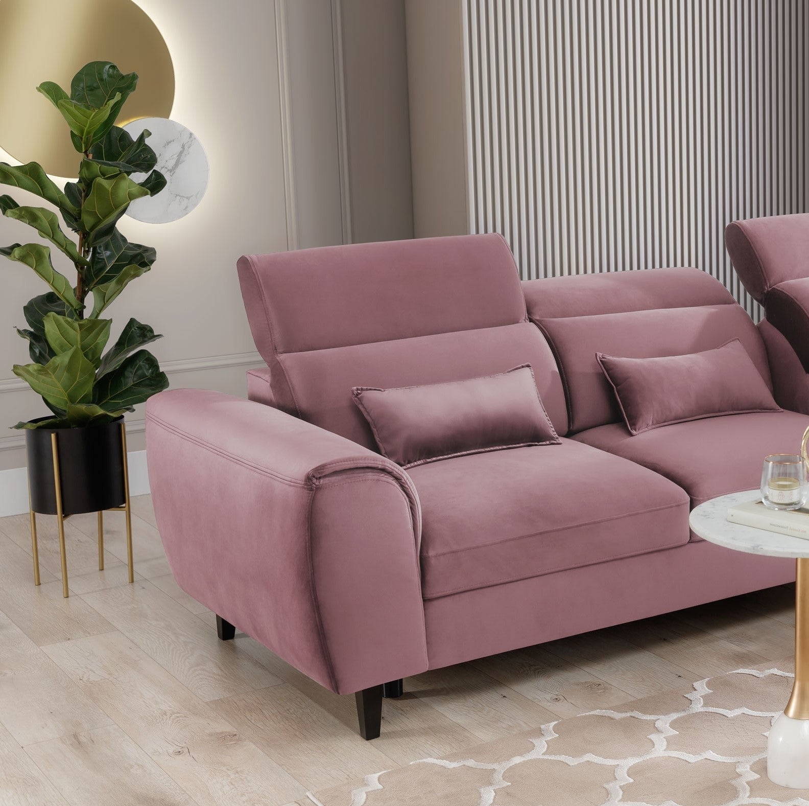 Coltar Extensibil Fobleros Plus Velvet Roz, cu Lada de Depozitare, Sezlong pe Dreapta, Tetiere Reglabile, l267xA196xH83-100 cm (4)