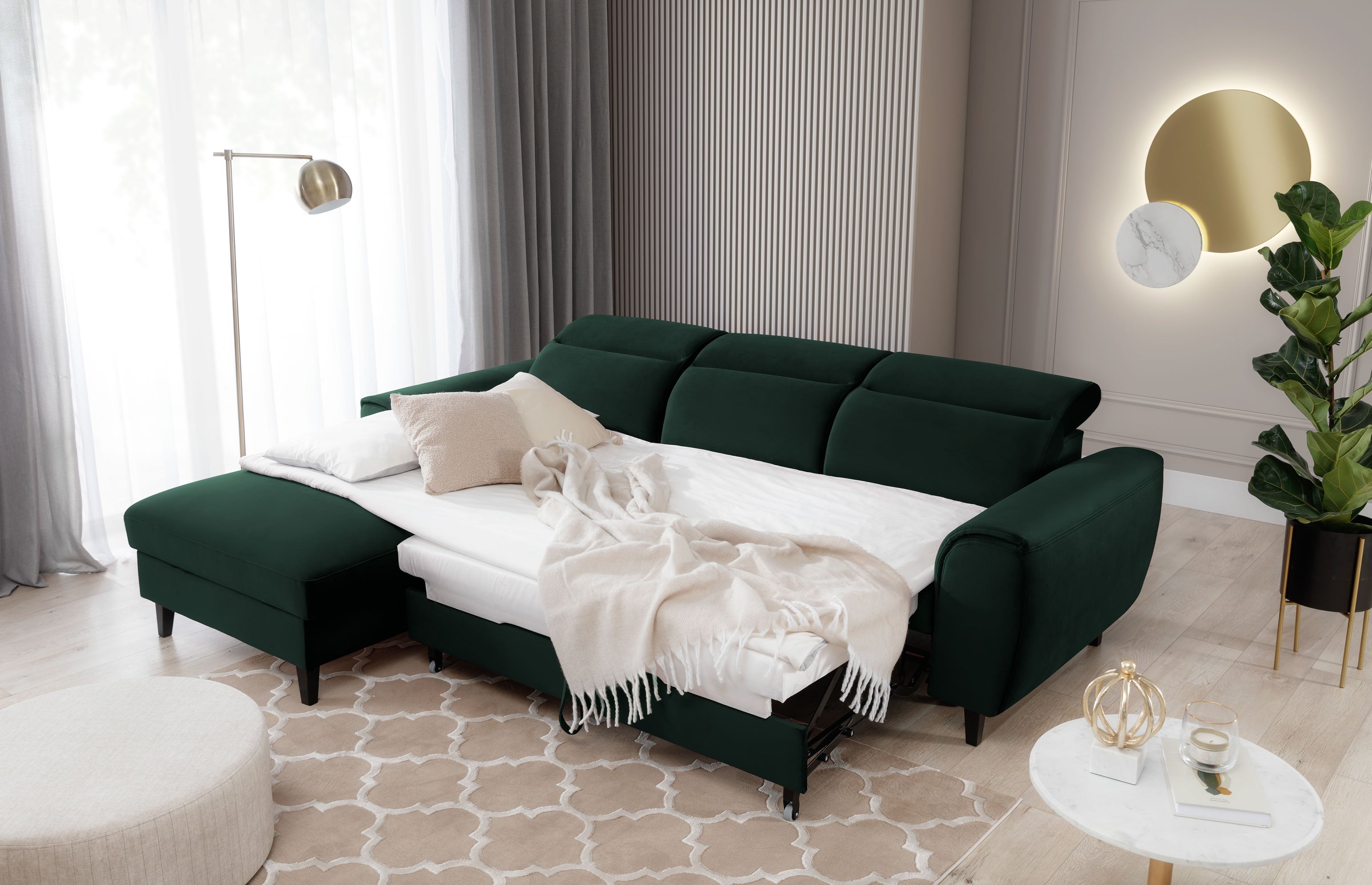 Coltar Extensibil Fobleros Plus Verde Inchis cu Lada de Depozitare, Sezlong pe Stanga, Tetiere Reglabile, l267xA196xH83-100 cm (2)