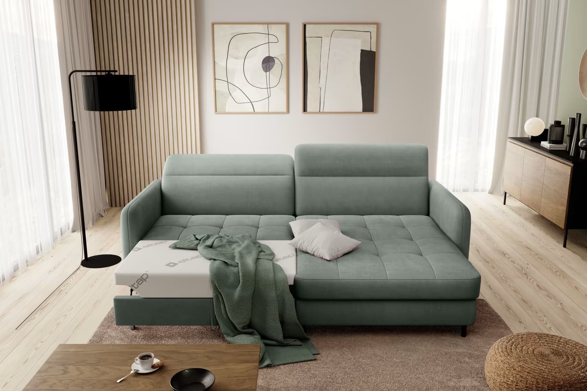 Coltar Extensibil Gomez Plus Verde cu Lada de Depozitare, Sezlong pe Dreapta, Tetiere Reglabile, l228xA165xH92-100 cm (2)