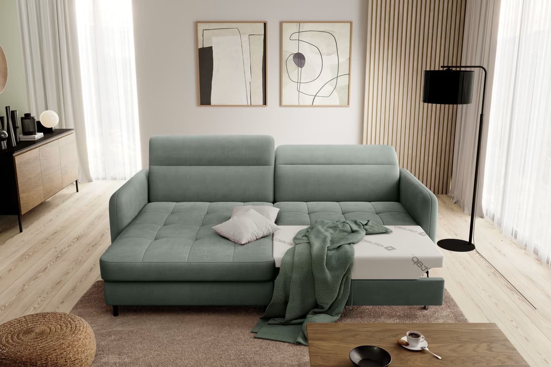 Coltar Extensibil Gomez Plus Verde cu Lada de Depozitare, Sezlong pe Stanga, Tetiere Reglabile, l228xA165xH92-100 cm (2)