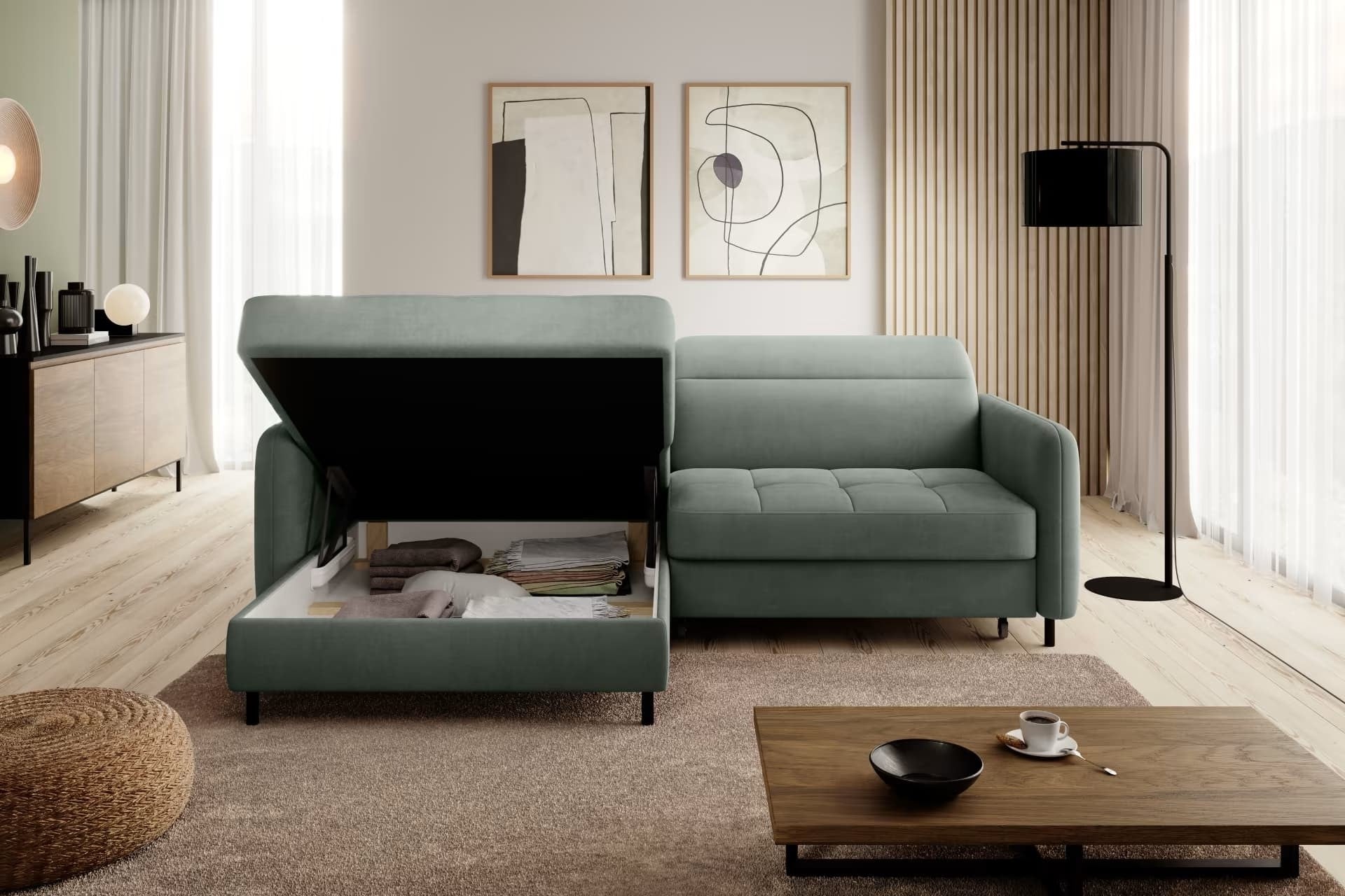 Coltar Extensibil Gomez Plus Verde cu Lada de Depozitare, Sezlong pe Stanga, Tetiere Reglabile, l228xA165xH92-100 cm (1)