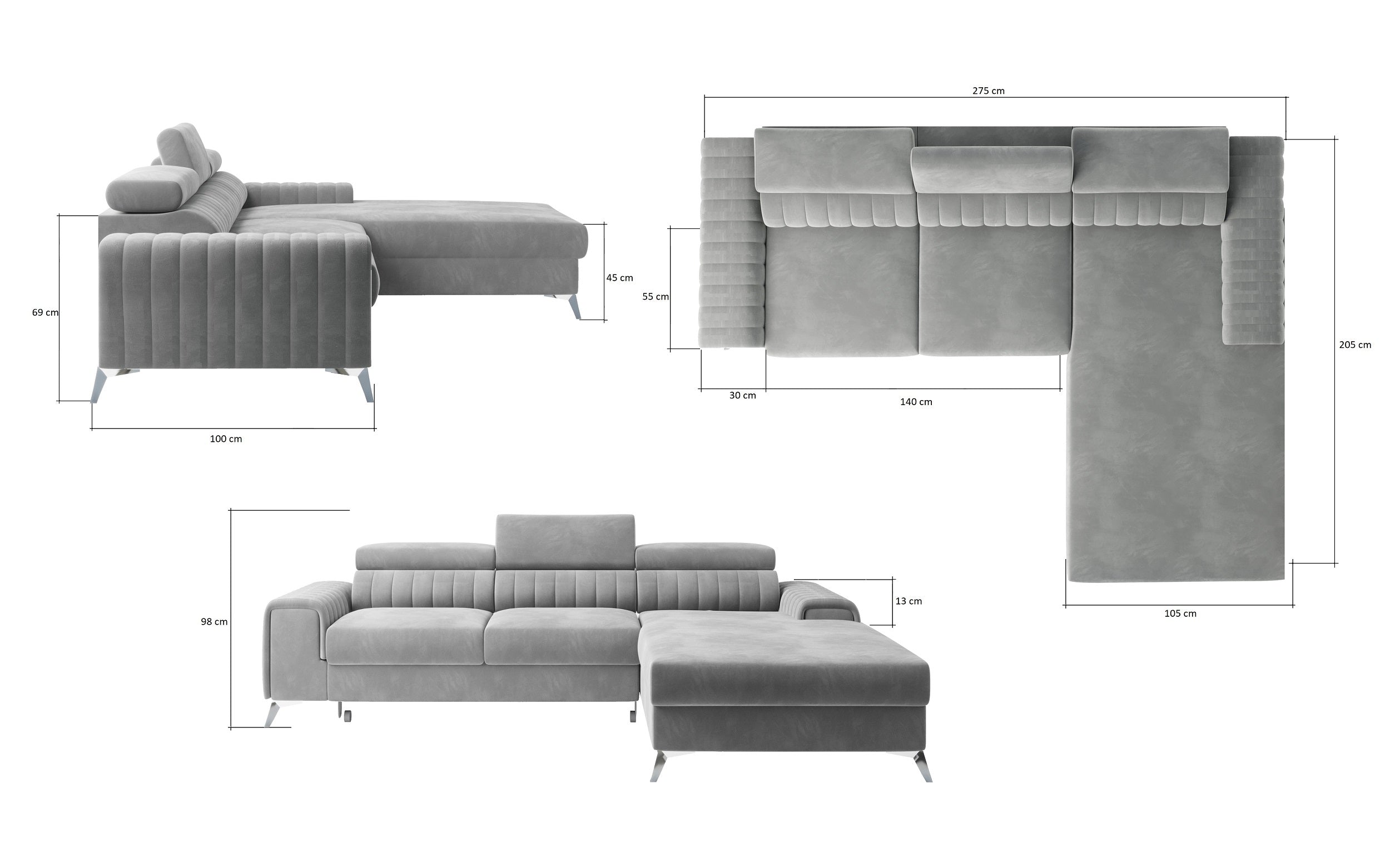 Coltar Extensibil Greyston cu Lada de Depozitare, Sezlong pe Dreapta, Tetiere Reglabile, l275xA205xH69-98 cm (15)