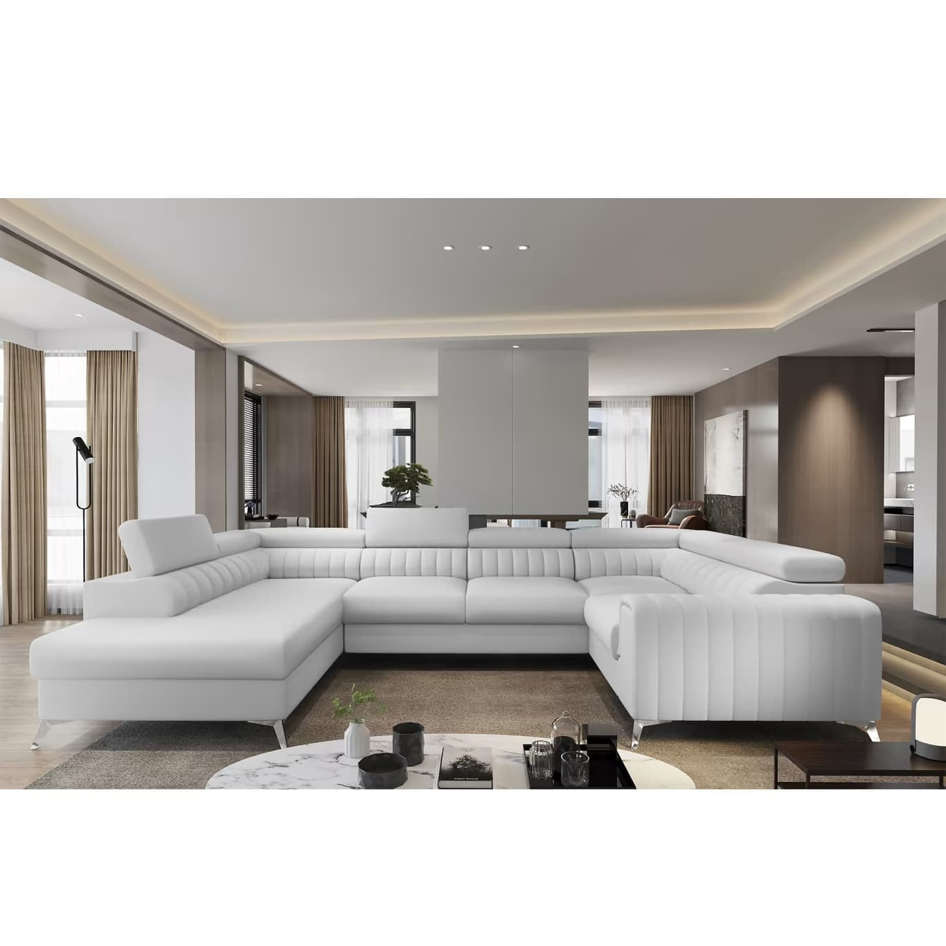 Coltar Extensibil Louisette Plus Alb cu Lada de Depozitare, Sezlong pe Stanga, Tetiere Reglabile, l340xA202xH72-92 cm