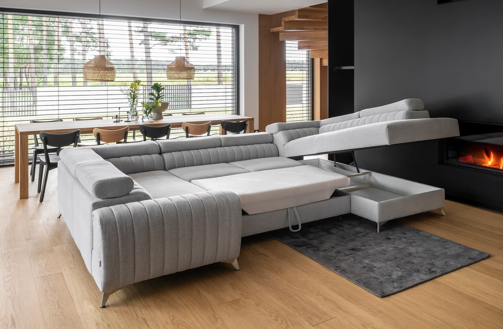 Coltar Extensibil Louisette Plus Bleumarin cu Lada de Depozitare, Sezlong pe Dreapta, Tetiere Reglabile, l340xA202xH72-92 cm (3)