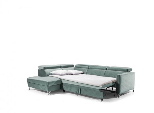 Canapé d'angle extensible avec coffre de rangement, avec bain de soleil à gauche, recouvert de tissu Honey Marozzo Vert, l265xA220xH95 cm
