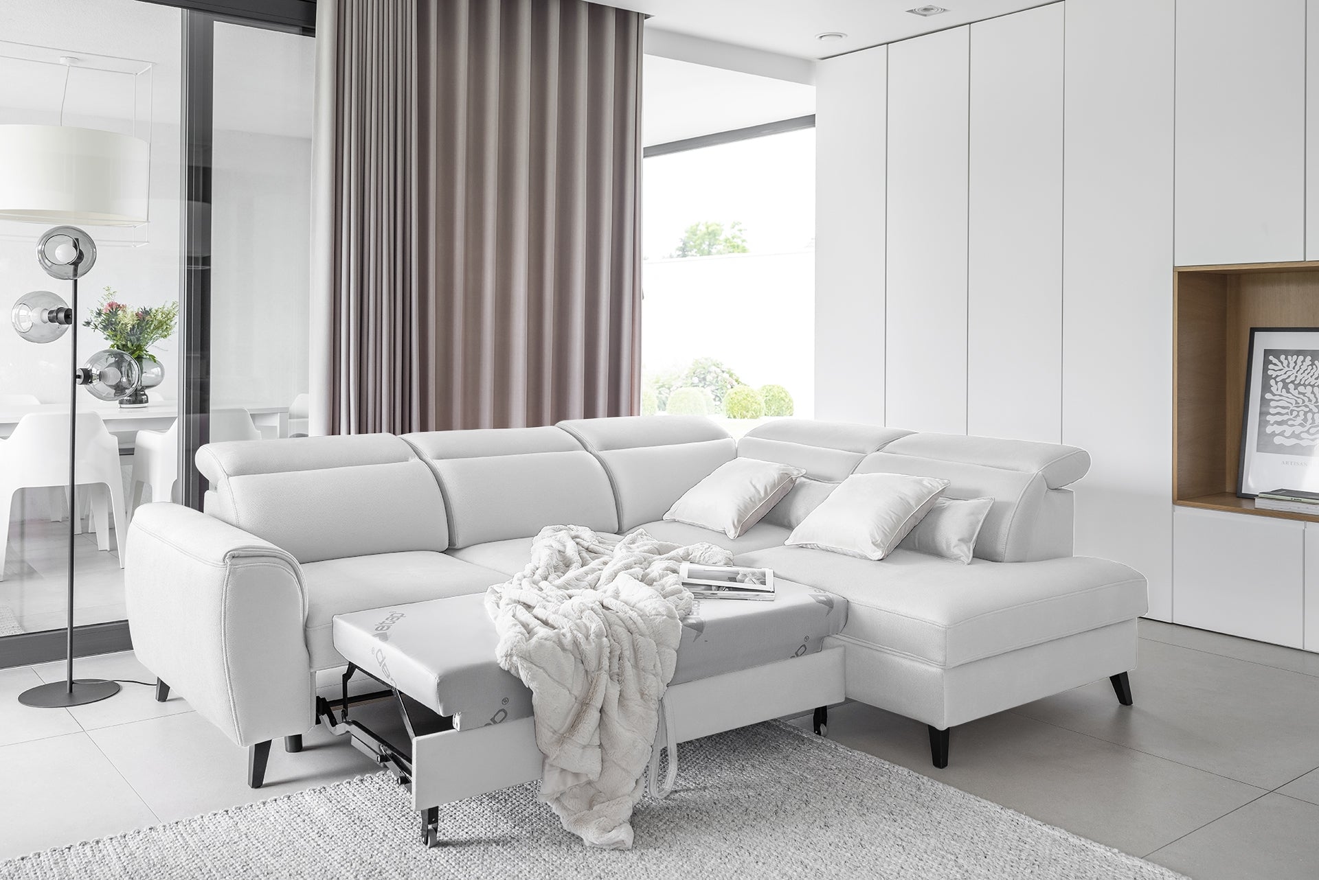 Coltar Extensibil Noblisimo Plus Alb cu Lada de Depozitare, Sezlong pe Dreapta, Tetiere Reglabile, l255xA201xH83-100 cm (2)