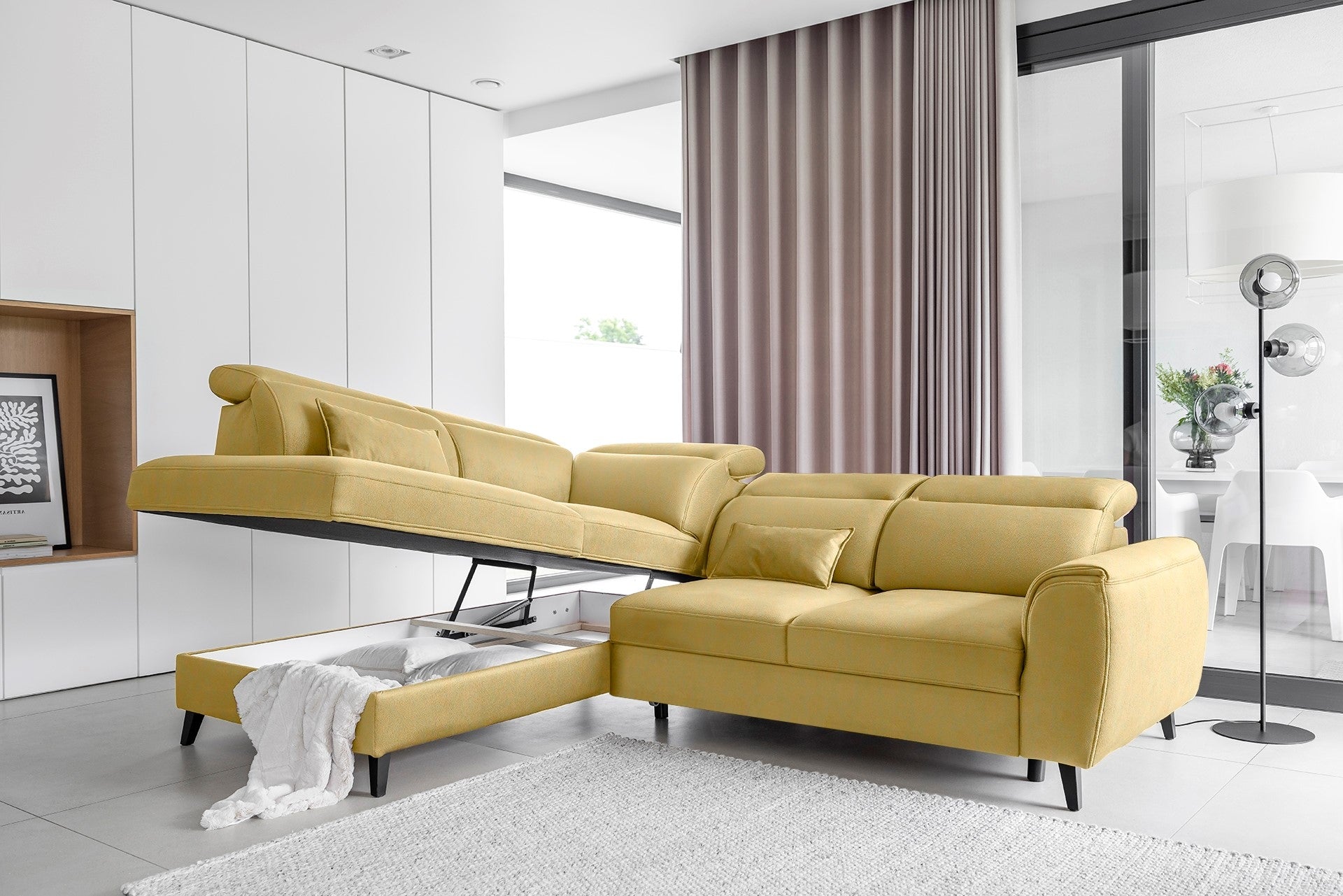 Coltar Extensibil Noblisimo Plus Galben cu Lada de Depozitare, Sezlong pe Stanga, Tetiere Reglabile, l255xA201xH83-100 cm (1)