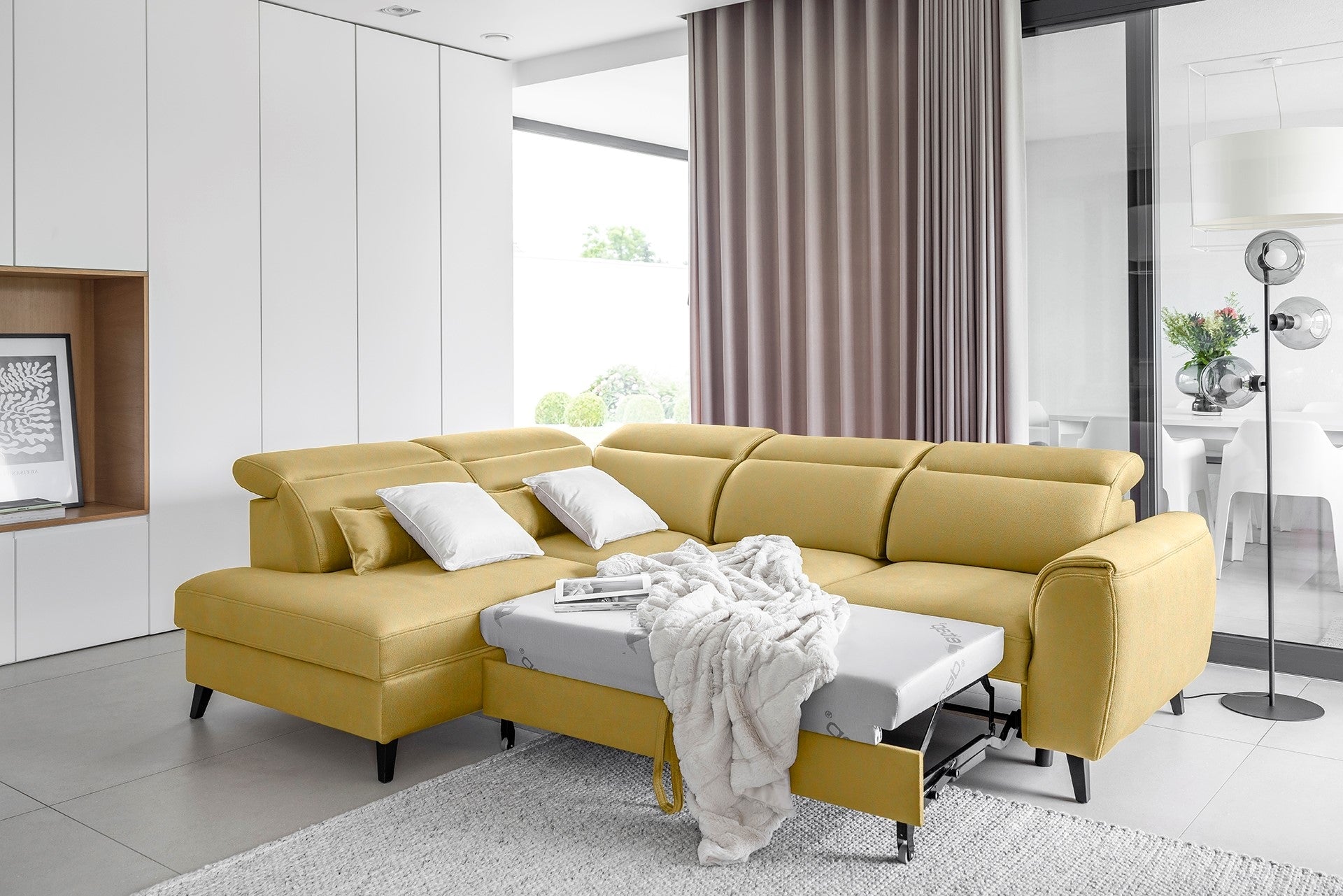 Coltar Extensibil Noblisimo Plus Galben cu Lada de Depozitare, Sezlong pe Stanga, Tetiere Reglabile, l255xA201xH83-100 cm (2)