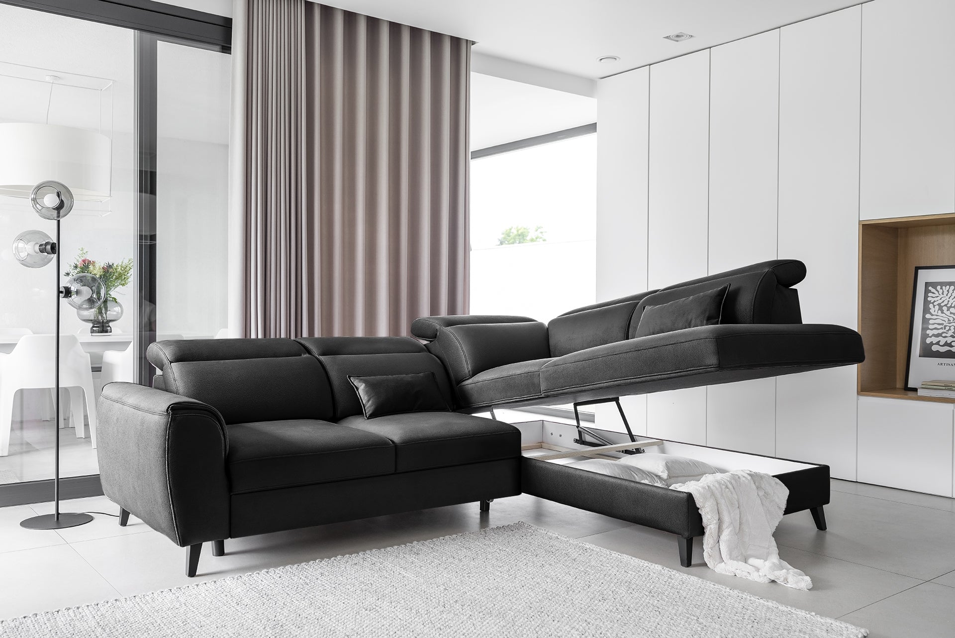 Coltar Extensibil Noblisimo Plus Negru cu Lada de Depozitare, Sezlong pe Dreapta, Tetiere Reglabile, l255xA201xH83-100 cm (1)