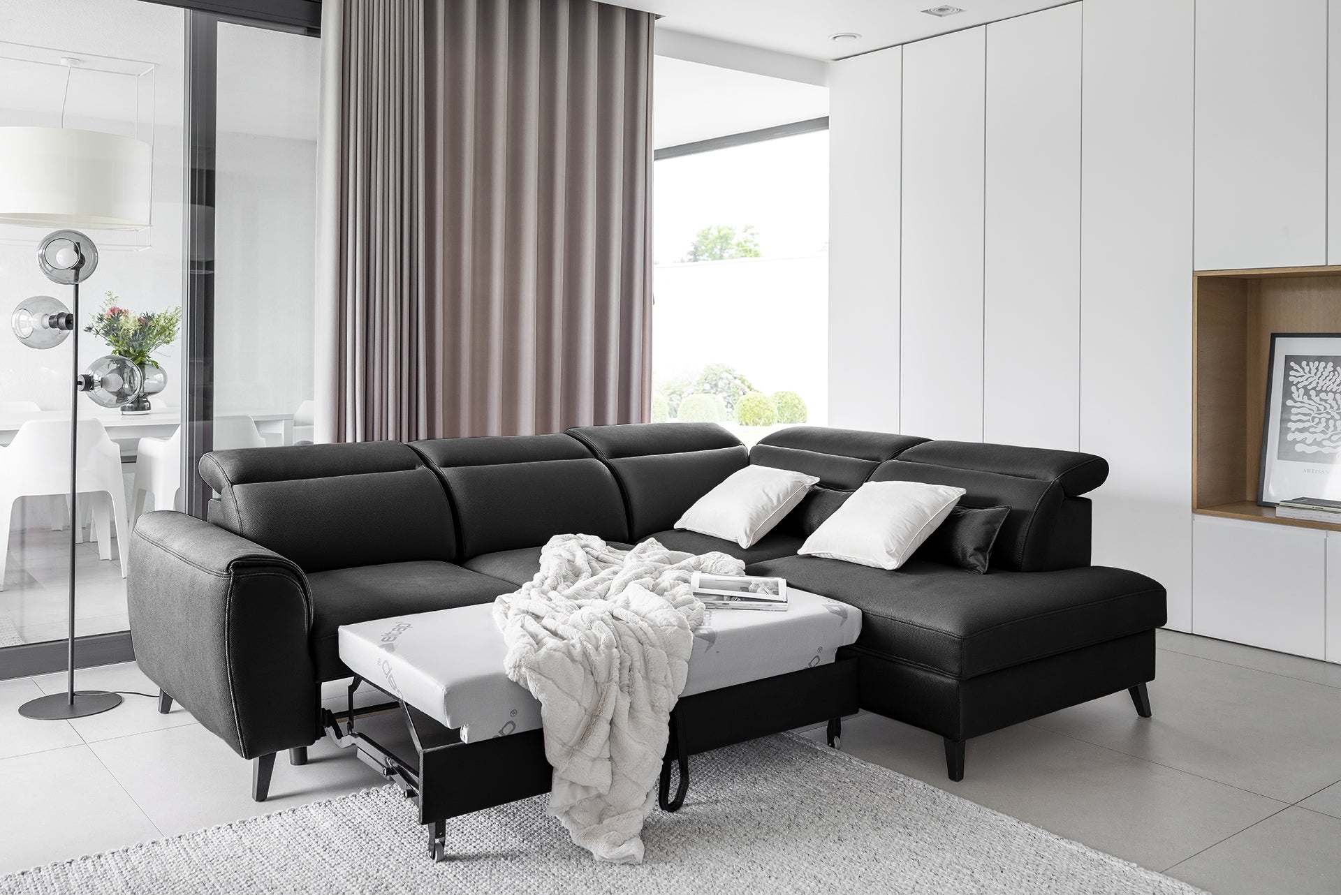 Coltar Extensibil Noblisimo Plus Negru cu Lada de Depozitare, Sezlong pe Dreapta, Tetiere Reglabile, l255xA201xH83-100 cm (2)