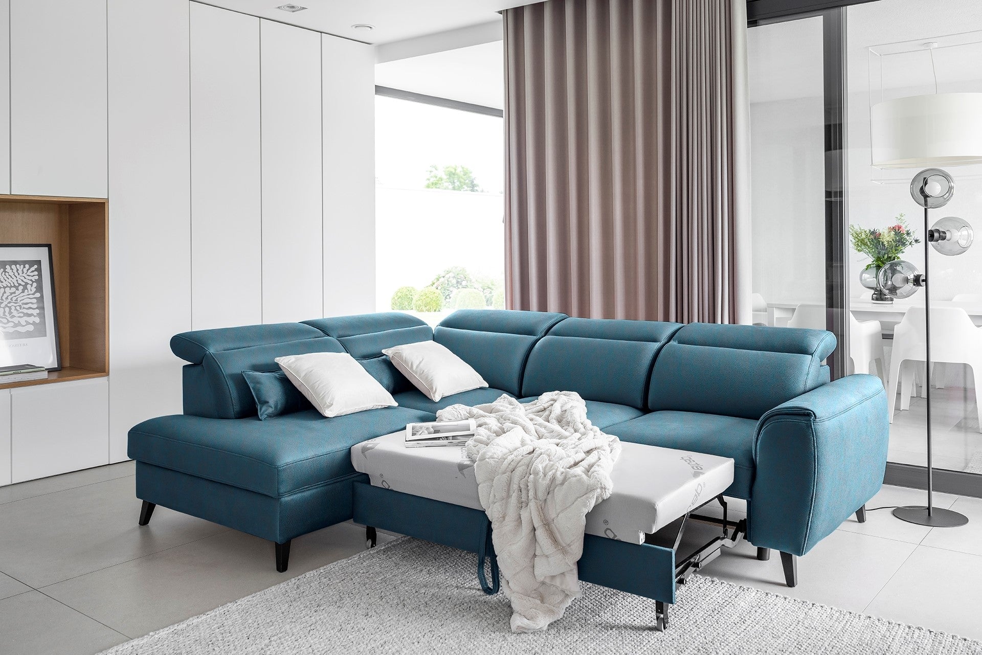 Coltar Extensibil Noblisimo Plus Petrol cu Lada de Depozitare, Sezlong pe Stanga, Tetiere Reglabile, l255xA201xH83-100 cm (2)