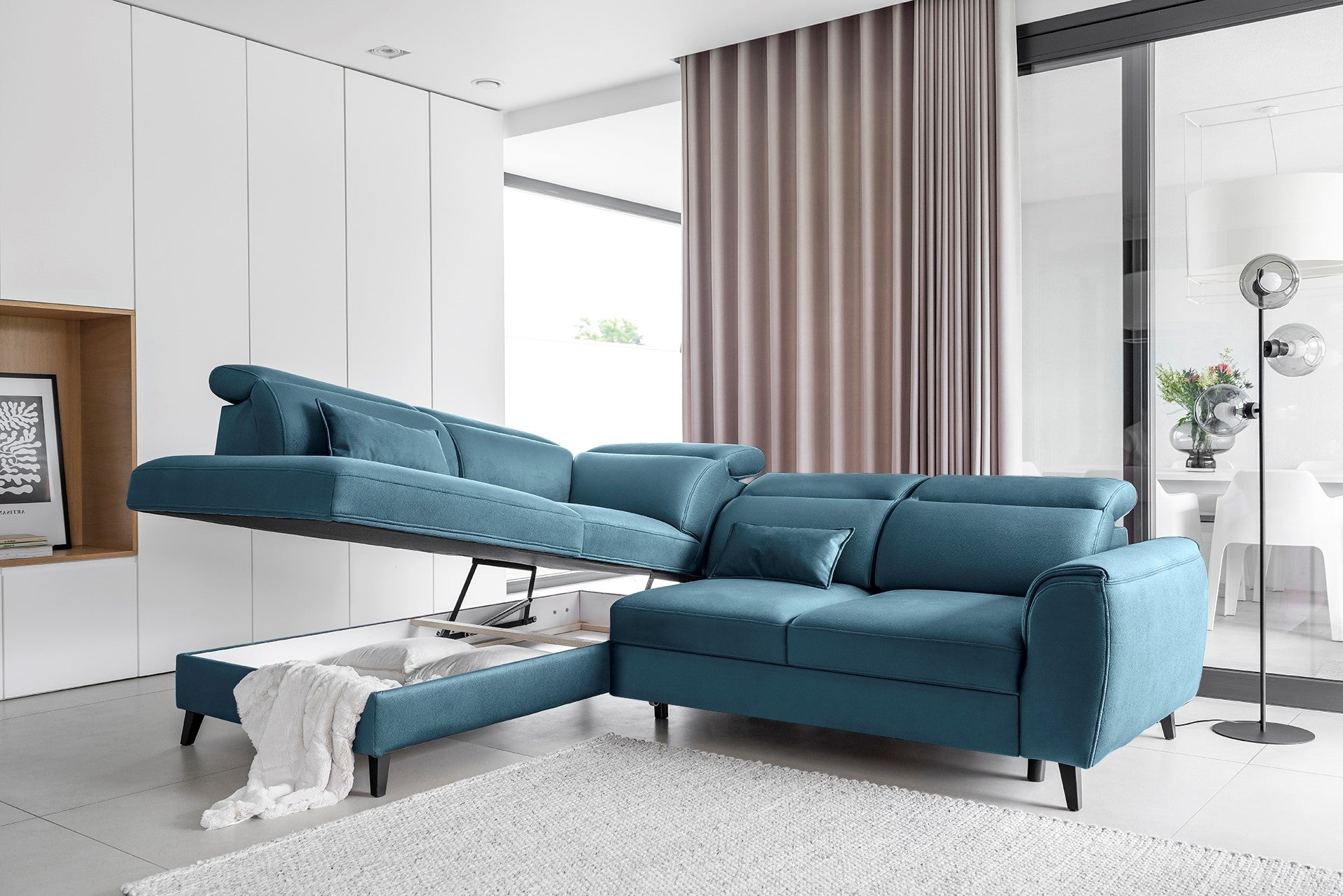 Coltar Extensibil Noblisimo Plus Petrol cu Lada de Depozitare, Sezlong pe Stanga, Tetiere Reglabile, l255xA201xH83-100 cm (1)