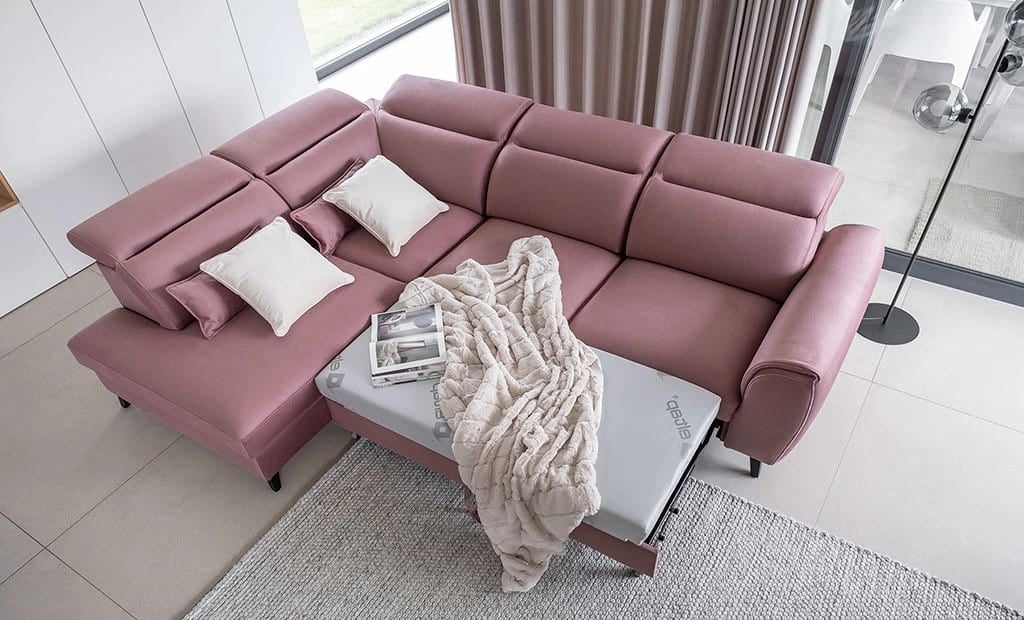 Coltar Extensibil Noblisimo Plus Roz cu Lada de Depozitare, Sezlong pe Stanga, Tetiere Reglabile, l255xA201xH83-100 cm (4)