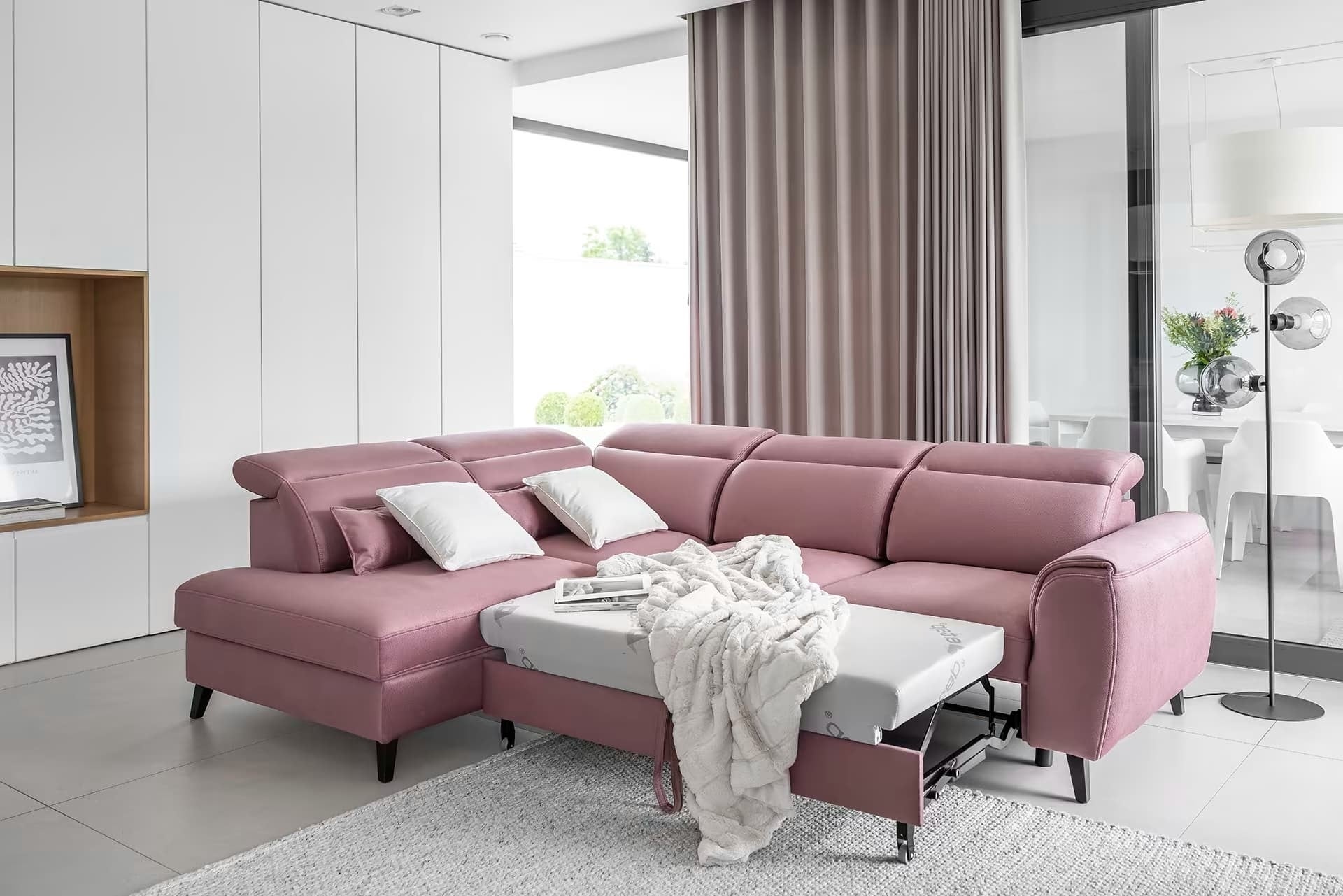 Coltar Extensibil Noblisimo Plus Roz cu Lada de Depozitare, Sezlong pe Stanga, Tetiere Reglabile, l255xA201xH83-100 cm (3)