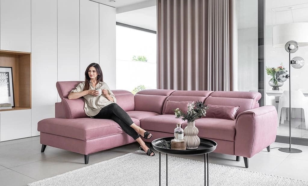 Coltar Extensibil Noblisimo Plus Roz cu Lada de Depozitare, Sezlong pe Stanga, Tetiere Reglabile, l255xA201xH83-100 cm (1)