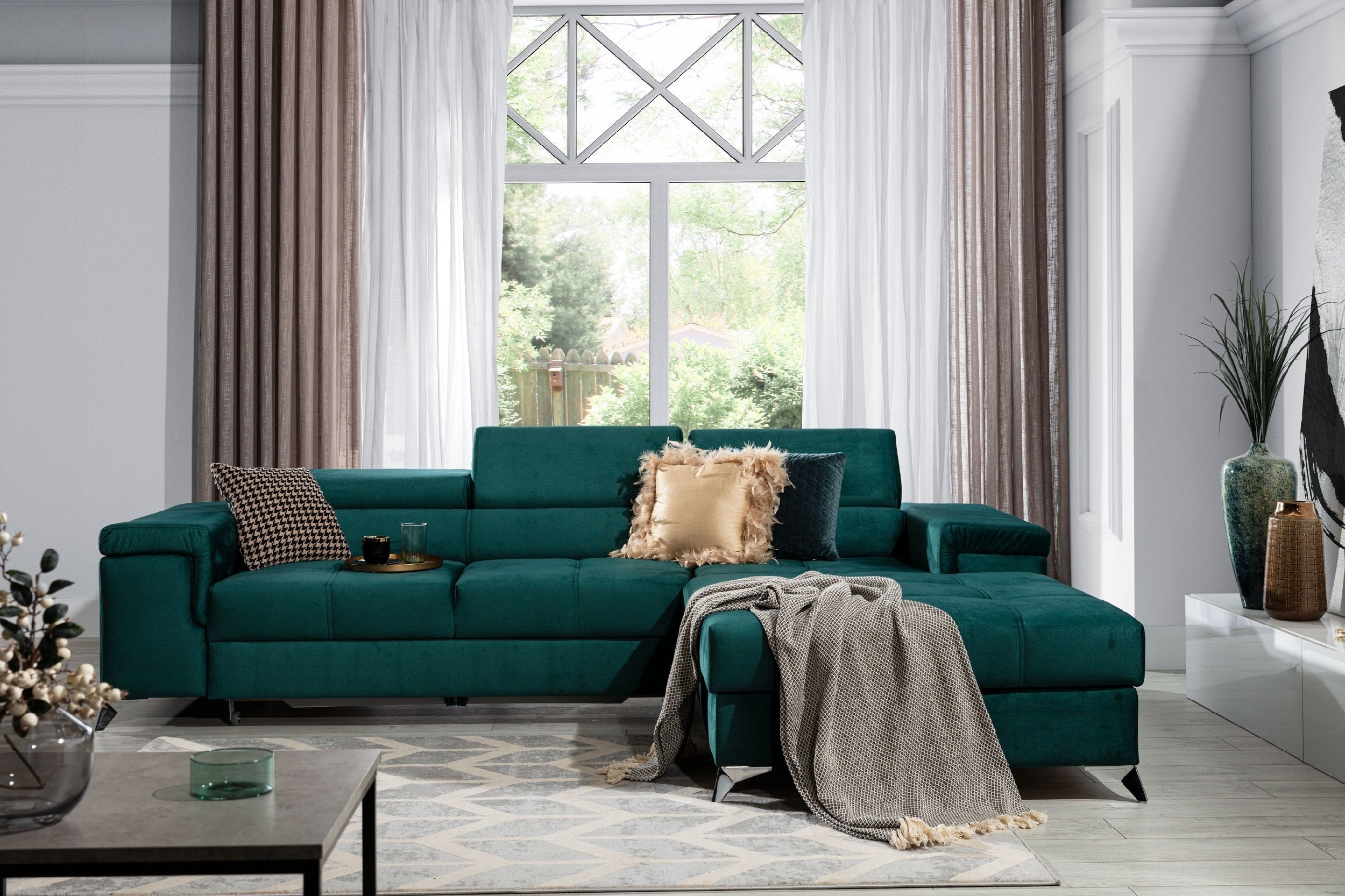 Coltar Extensibil Ricky cu Lada de Depozitare, Sezlong pe Dreapta, Tetiere Reglabile, Perna Inclusa, l280xA205xH70-90 cm