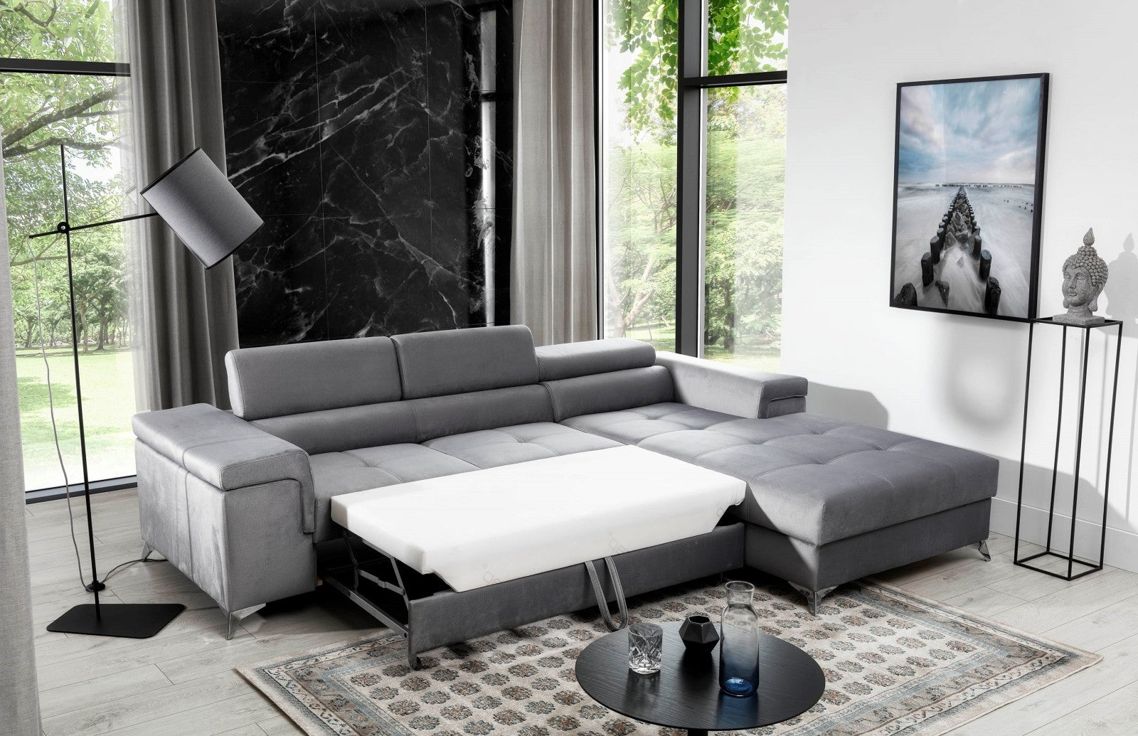 Coltar Extensibil Ricky Plus Bleumarin / Gri Deschis cu Lada de Depozitare, Sezlong pe Dreapta, Tetiere Reglabile, Perna Inclusa, l280xA205xH70-90 cm (6)