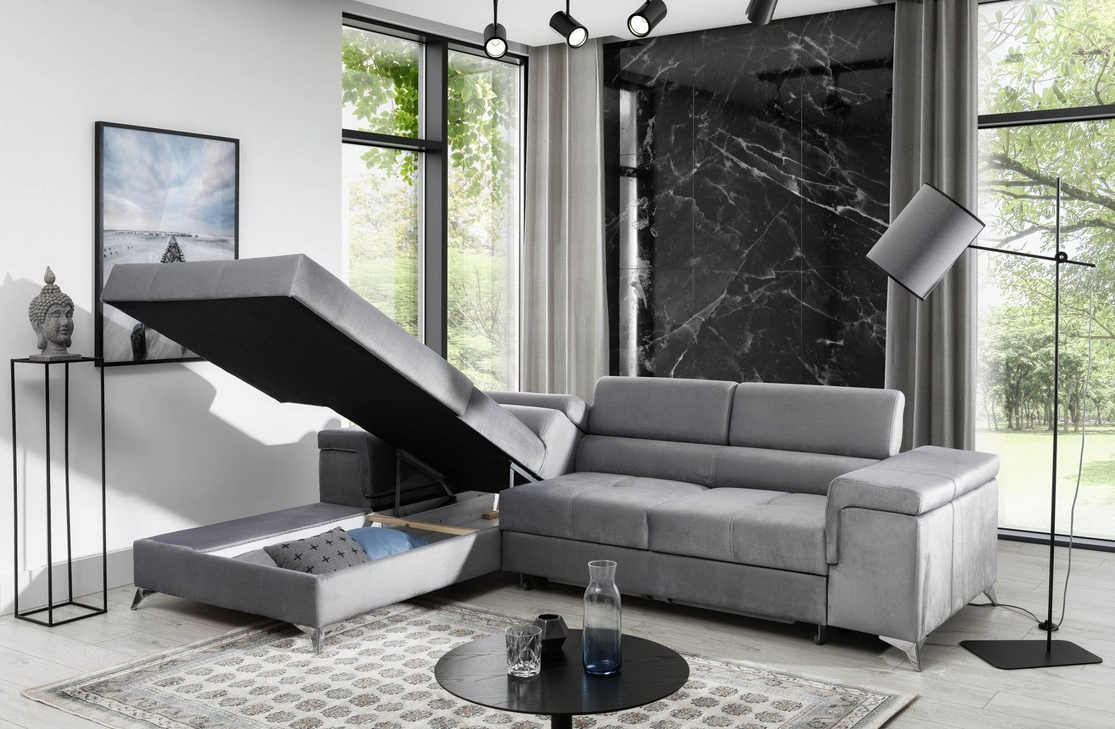 Coltar Extensibil Ricky Plus Bleumarin / Gri Deschis cu Lada de Depozitare, Sezlong pe Stanga, Tetiere Reglabile, Perna Inclusa, l280xA205xH70-90 cm (5)