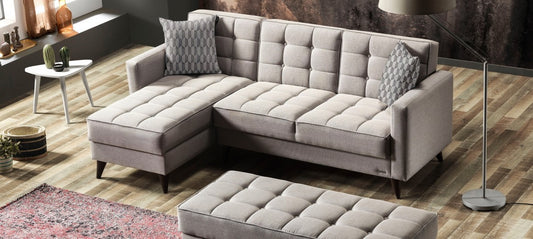 Canapé d'angle extensible et tabouret avec coffre de rangement, universel (gauche ou droit) recouvert de tissu Orlando Mini Gris K1, l218xA143xH84 cm