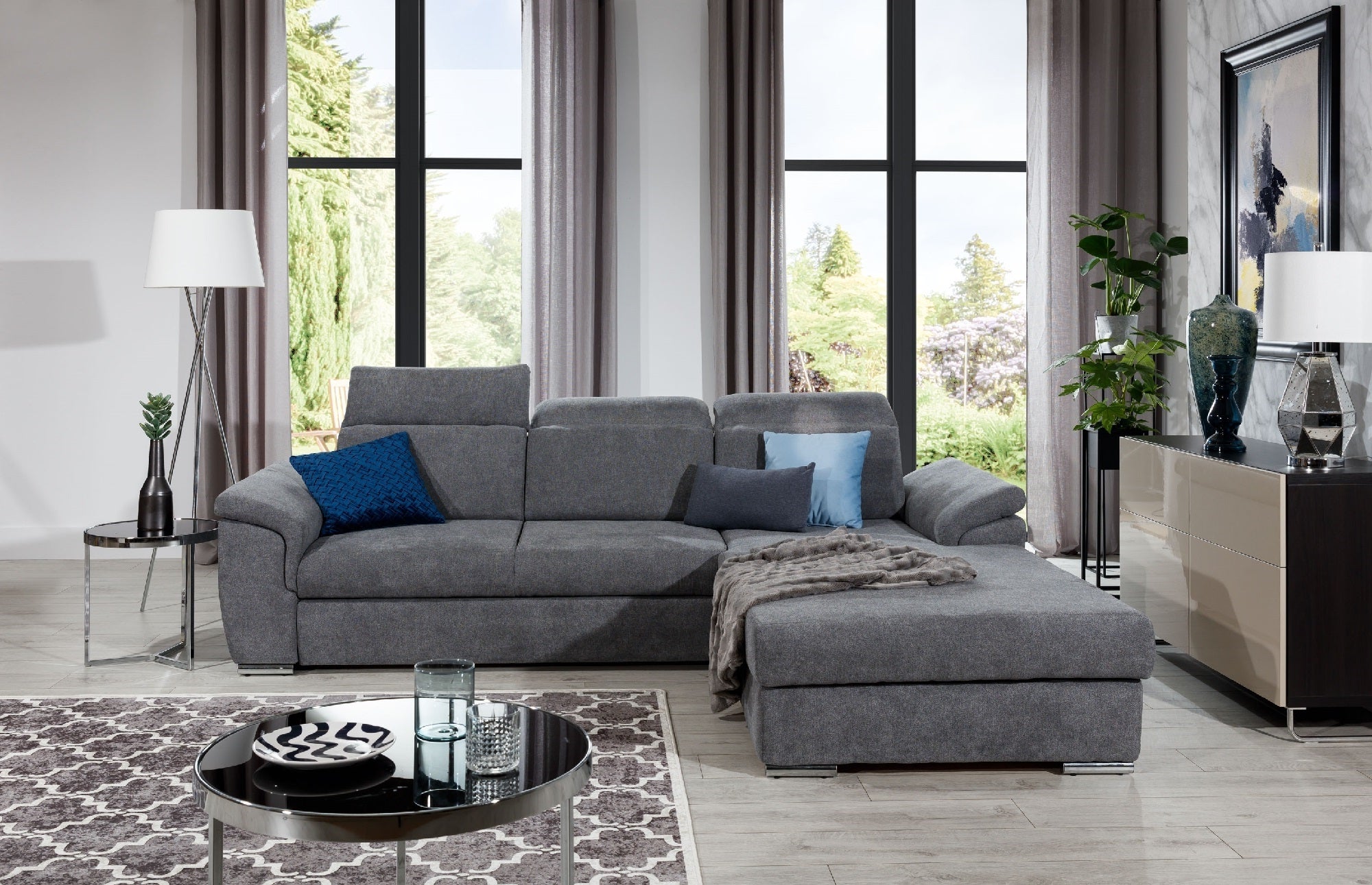 Coltar Extensibil Trevis cu Lada de Depozitare, Sezlong pe Dreapta, Tetiere Reglabile, l272xA216xH86-100 cm