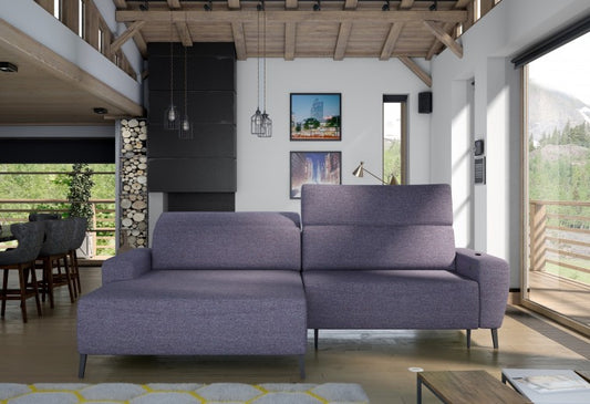 Canapé d'angle avec mécanisme électrique Relax, avec bain de soleil à gauche, recouvert de tissu Stream Bleu marine, l285xA178xH78 cm