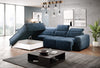 Canapé d'angle fixe avec mécanisme électrique Relax et coffre de rangement, avec bain de soleil à gauche, recouvert de tissu Colombo L Bleu, l296xA227xH81 cm