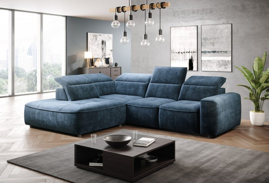 Canapé d'angle fixe avec mécanisme électrique Relax et coffre de rangement, avec bain de soleil à gauche, recouvert de tissu Colombo L Bleu, l296xA227xH81 cm