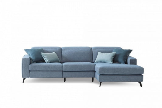 Canapé d'angle fixe avec mécanisme Relax, avec bain de soleil à droite, recouvert de tissu, Christopher Bleu, l265xA158xH78 cm