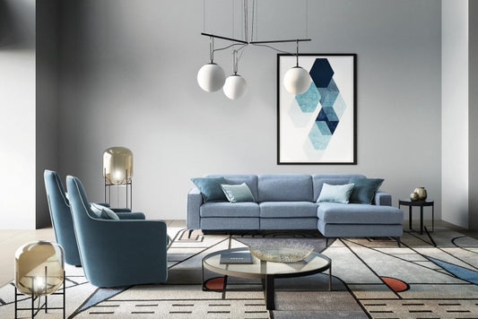 Canapé d'angle fixe avec mécanisme Relax, avec bain de soleil à droite, recouvert de tissu, Christopher Bleu, l265xA158xH78 cm
