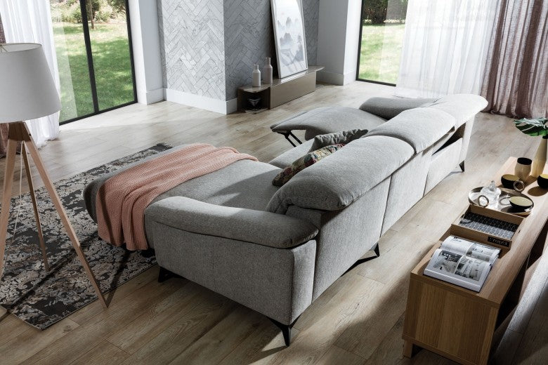 Canapé d'angle fixe avec mécanisme Relax, avec bain de soleil à droite, recouvert de tissu, Gappa Gris, l290xA170xH84 cm